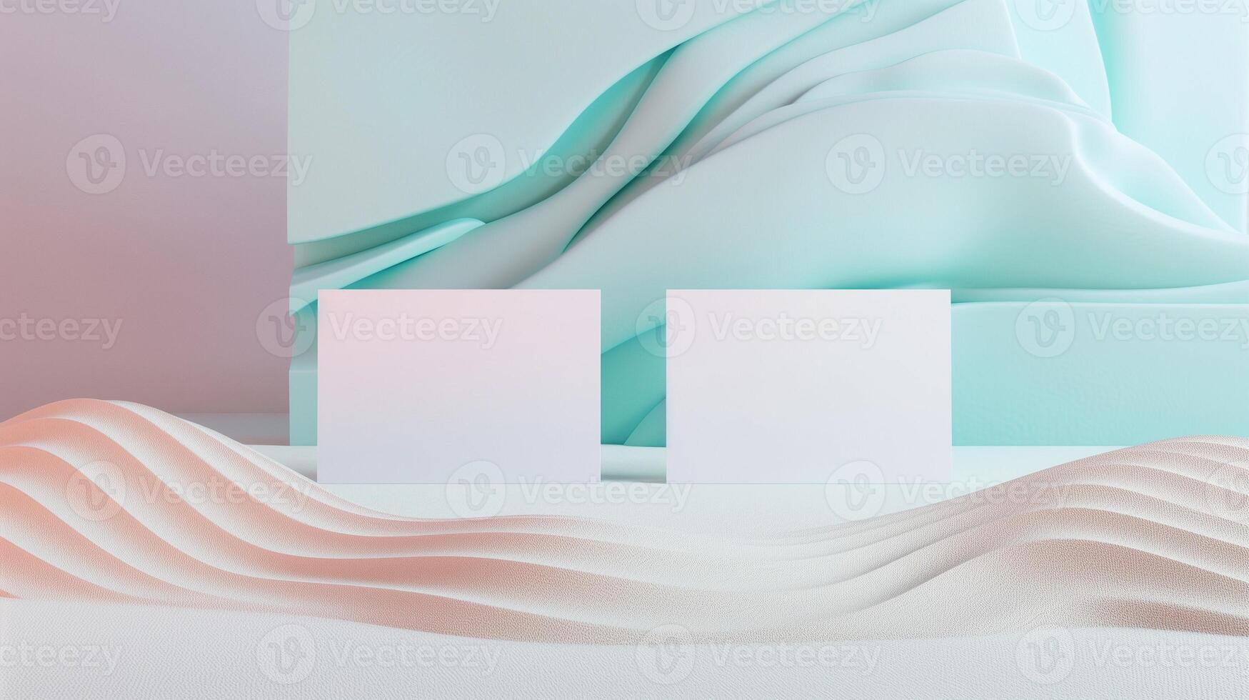 Two blank white cards mockup on textured surface with pastel waves. Serene visually appealing composition. Businesscards template advertising image. Stationery mock up product photo