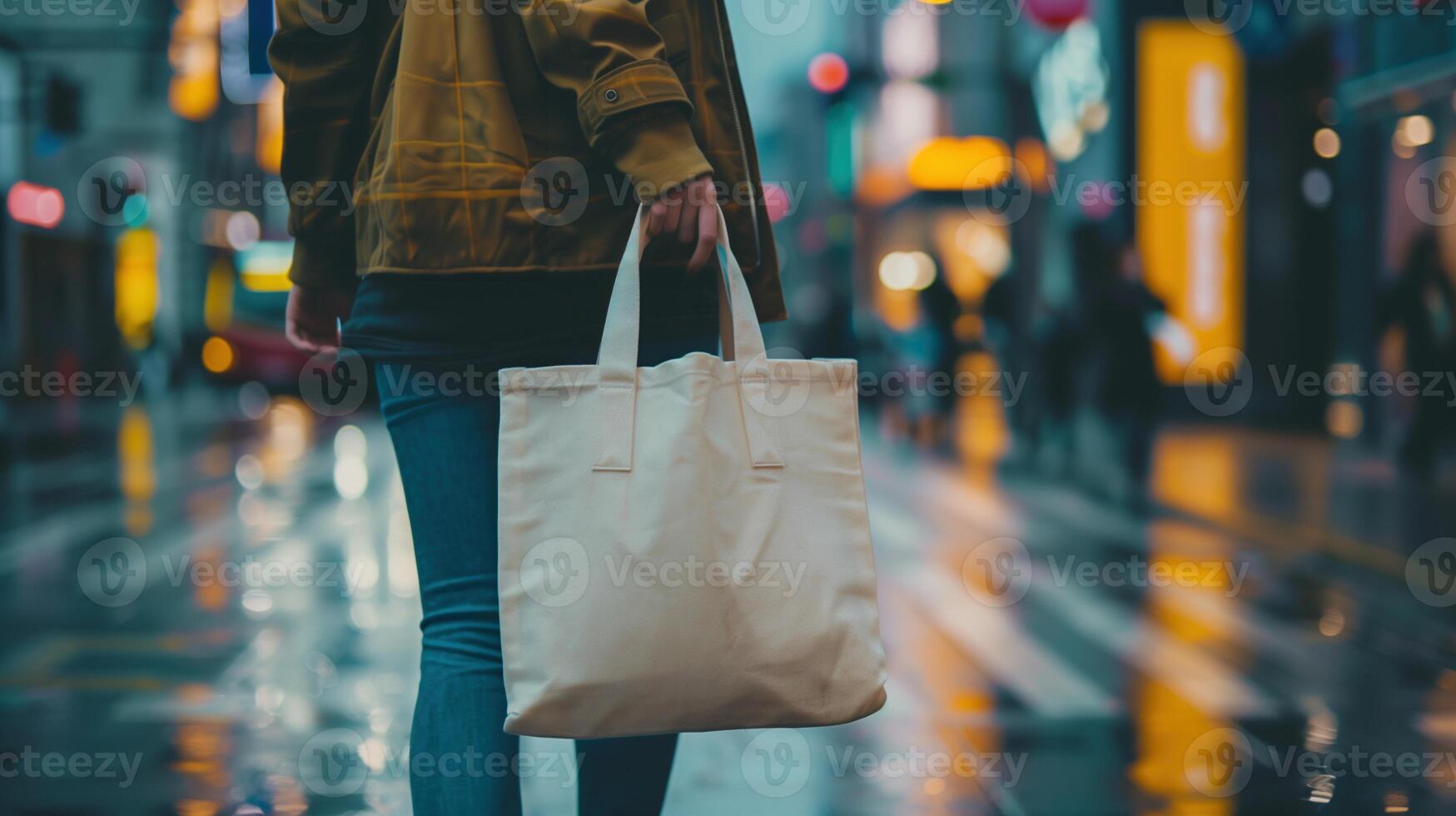 Woman holds canvas tote bag mockup while walking in rain bokeh city street. City lights, wet pavement. Totebag template advertising image. Eco friendly mock up product photorealistic photo