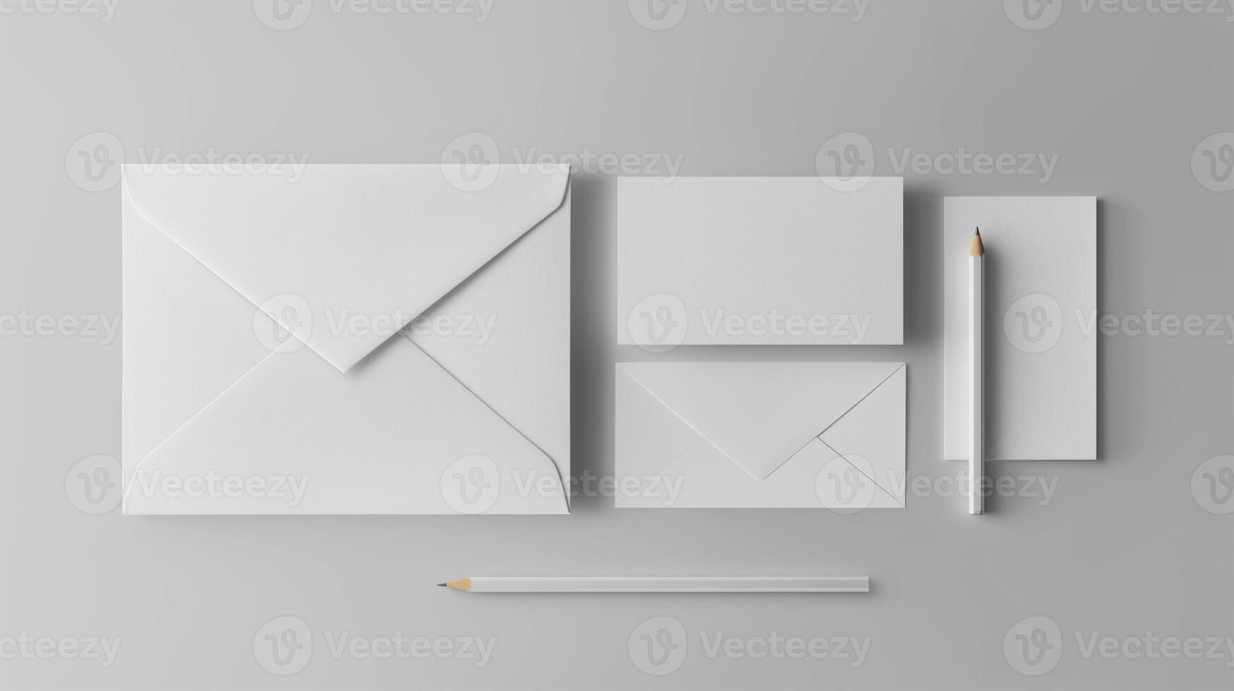 Flat lay of white stationery items mockup on light grey background. Two envelopes, pencil and note cards template advertising image. Clean and minimalistic design mock up photorealistic photo