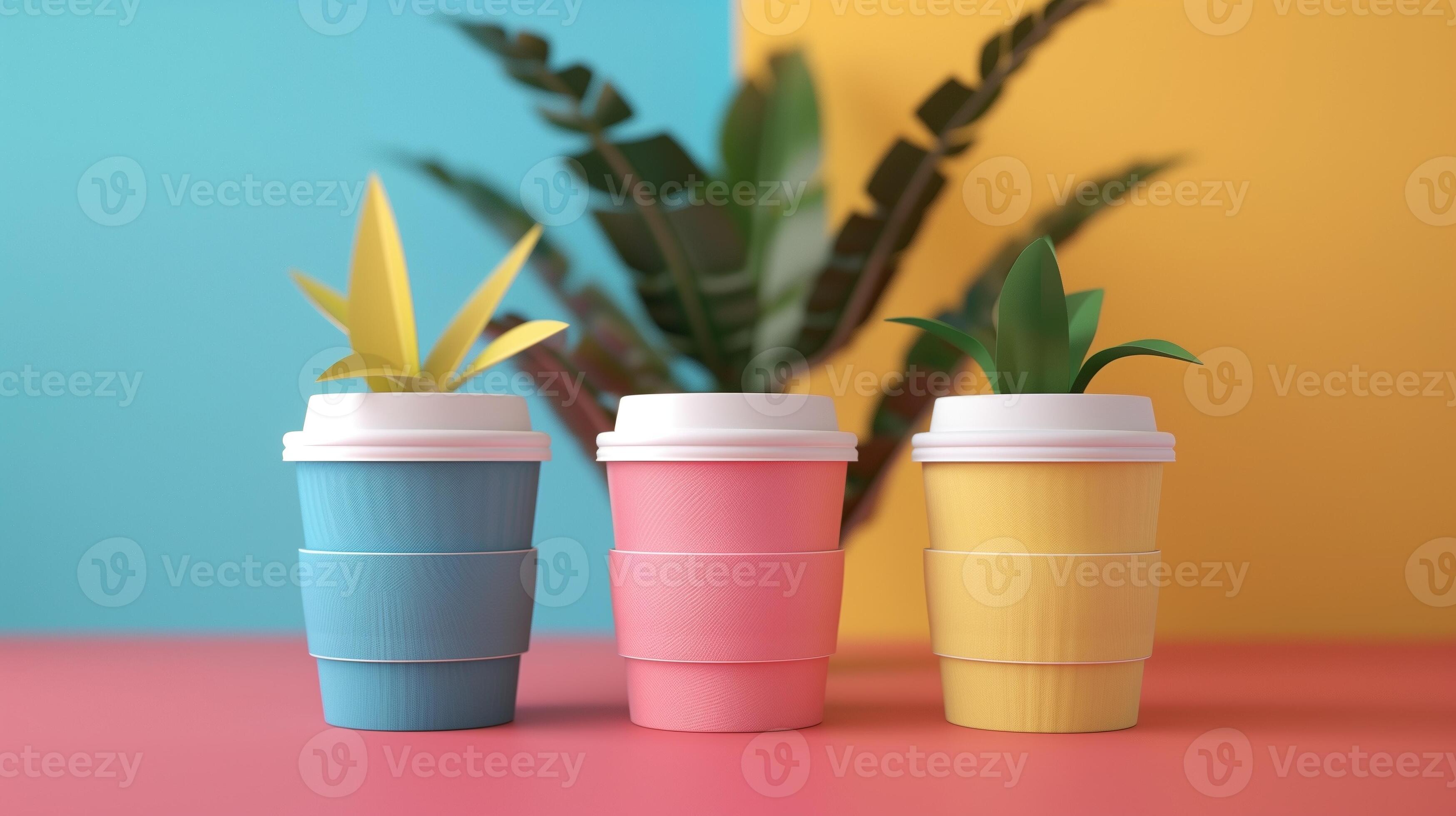 Three colorful takeaway coffee cups mockup in blue pink and yellow
