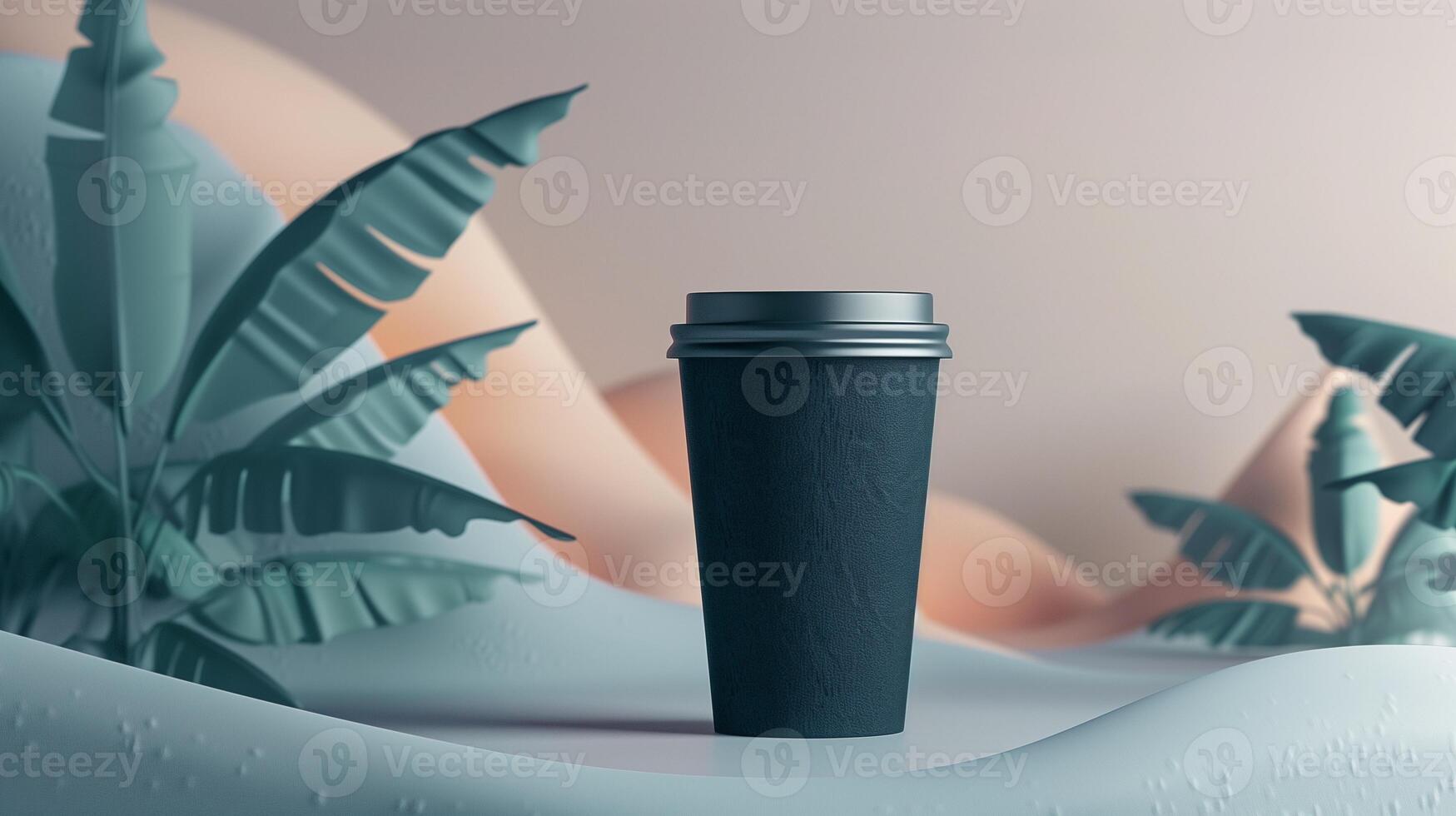 Takeaway coffee cup mockup against wavy landscape with large banana leaves. Coffeecup template advertising image. Stylish presentation. Takeout disposable mock up product photorealistic photo