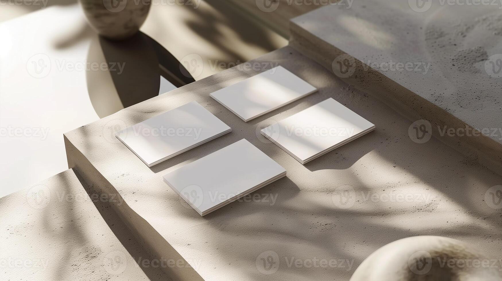 Four blank cards mockup neatly arranged on textured surface with soft shadows. Minimalist and modern layout. Businesscards template advertising image. Stationery mock up product photo