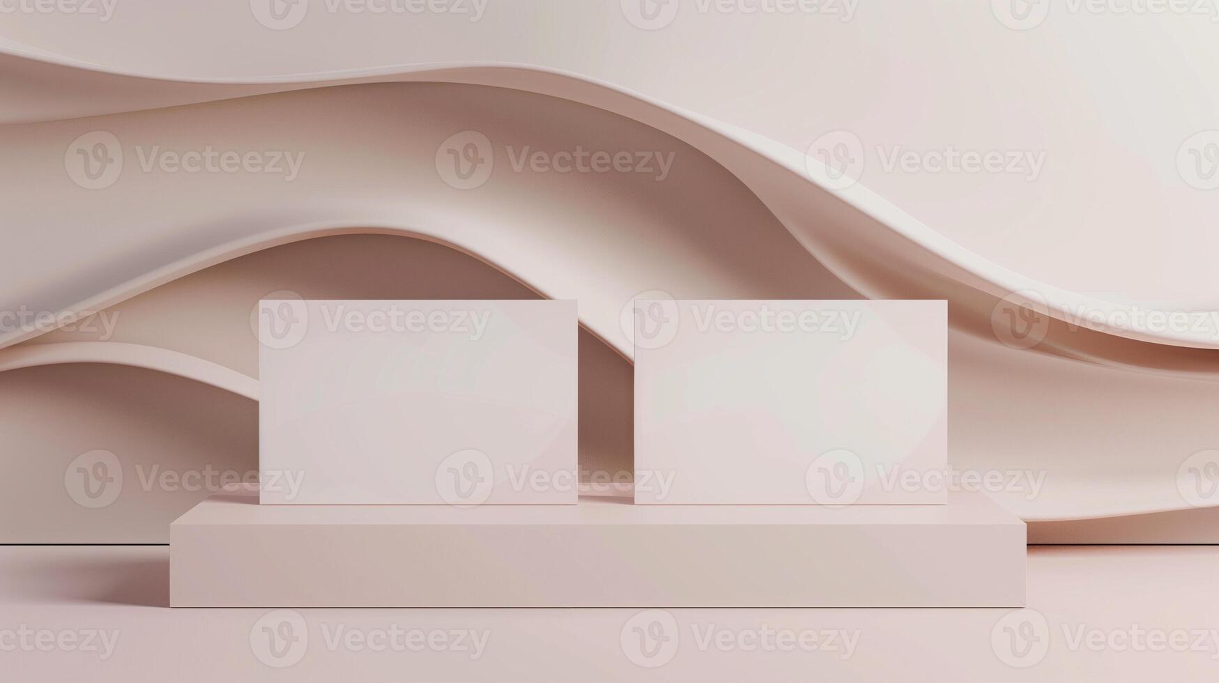 Two white cards mockup on raised platform against flowing creamy waves. Soft curves and neutral tones. Businesscards template advertising image. Stationery mock up product photorealistic photo