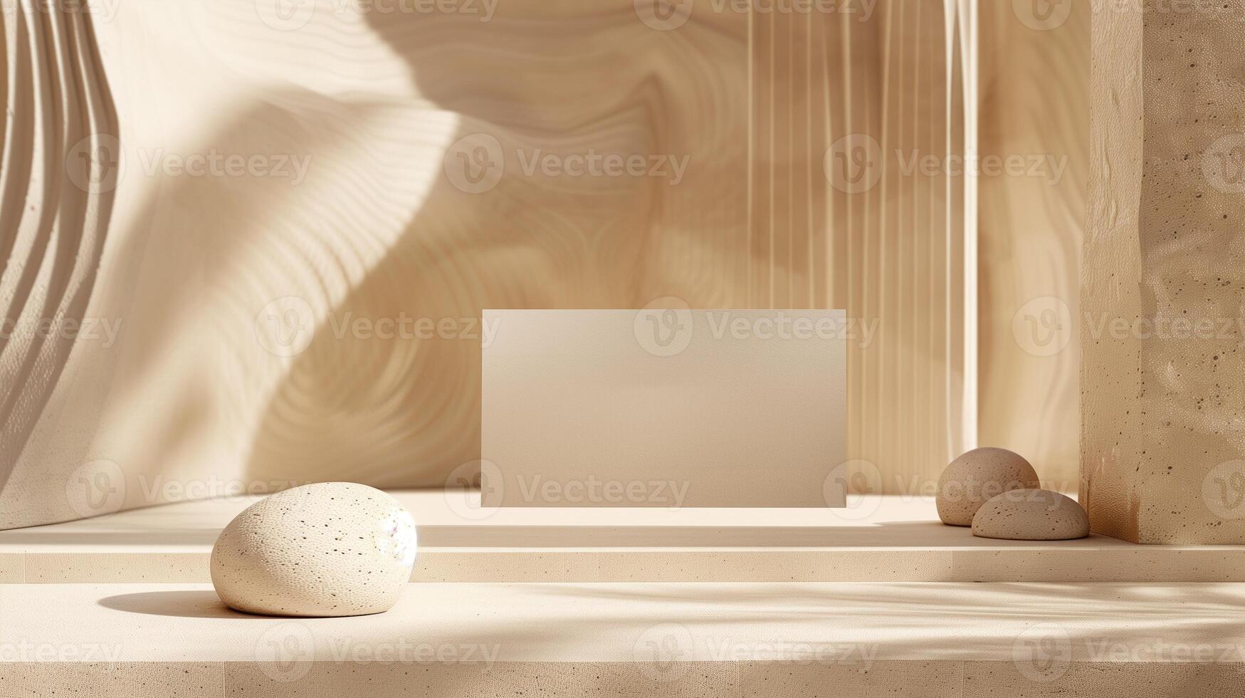 Blank card mockup displayed on textured surface with natural stones. Beige tones, gentle shadows. Businesscard template advertising image. Stationery mock up product photorealistic photo