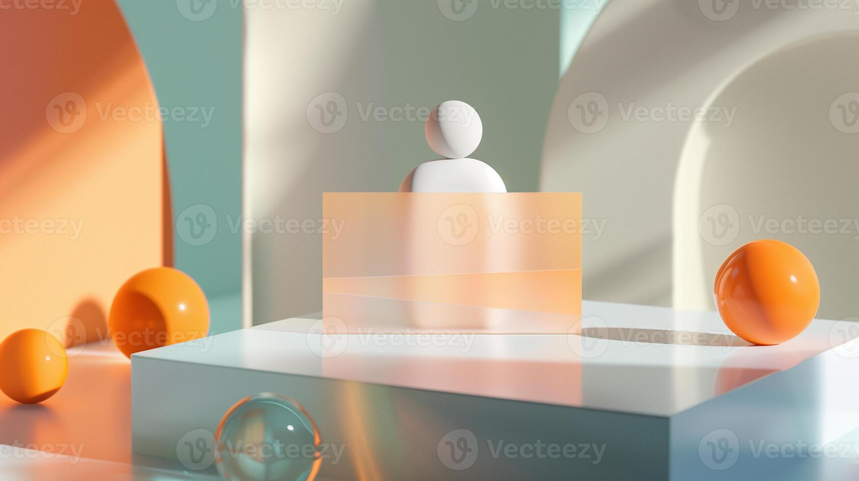 Blank transparent card mockup surrounded by abstract shapes, orange spheres. Businesscard template advertising image. Visually appealing composition. Stationery mock up product photo