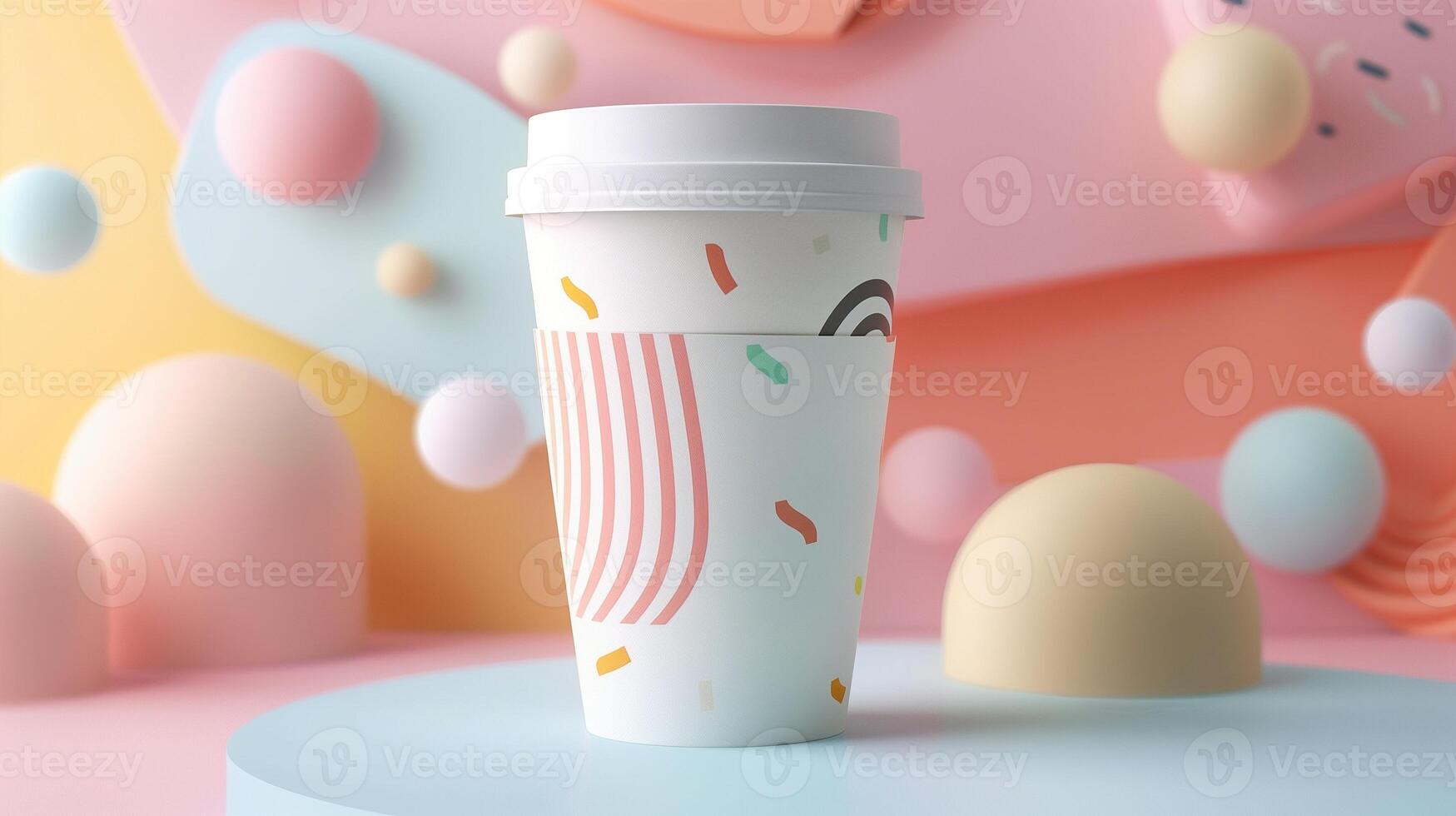 Festive white takeaway coffee cup mockup with colorful confetti patterns. Playful pastel background. Coffeecup template advertising image. Takeout disposable mock up photorealistic photo