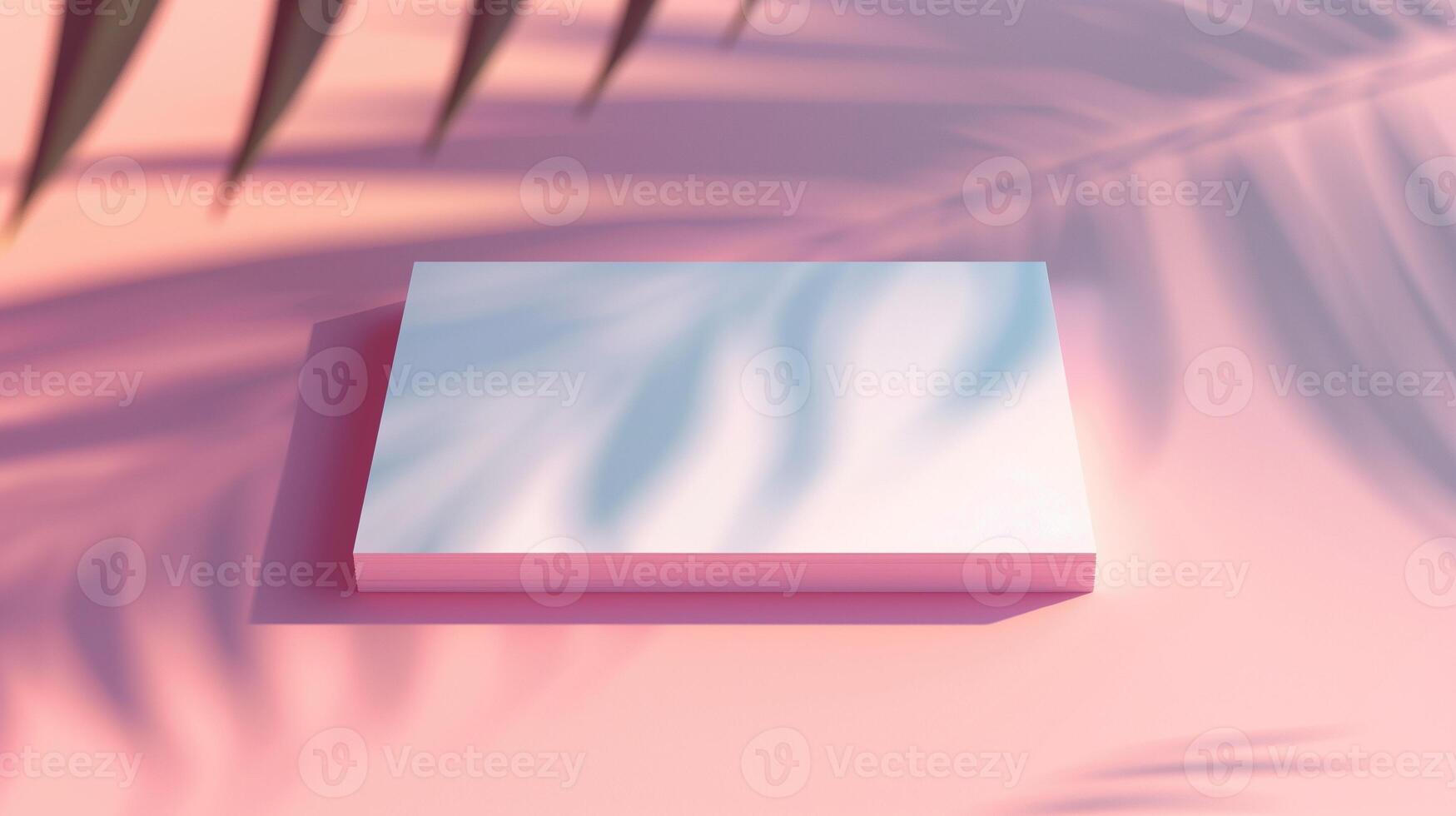 White blank business card mockup on pastel pink surface with palm leaf shadow. Summer dreamy atmosphere. Businesscard template advertising image. Stationery mock up product photo