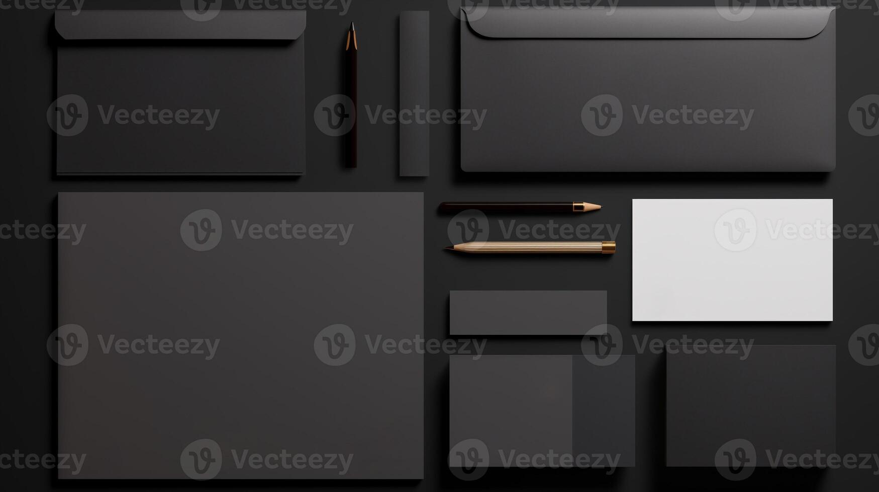 Flatlay of sophisticated office stationery mockup arranged on black background. Luxurious, professional workspace template advertising image. Paper cards, envelopes mock up products photo