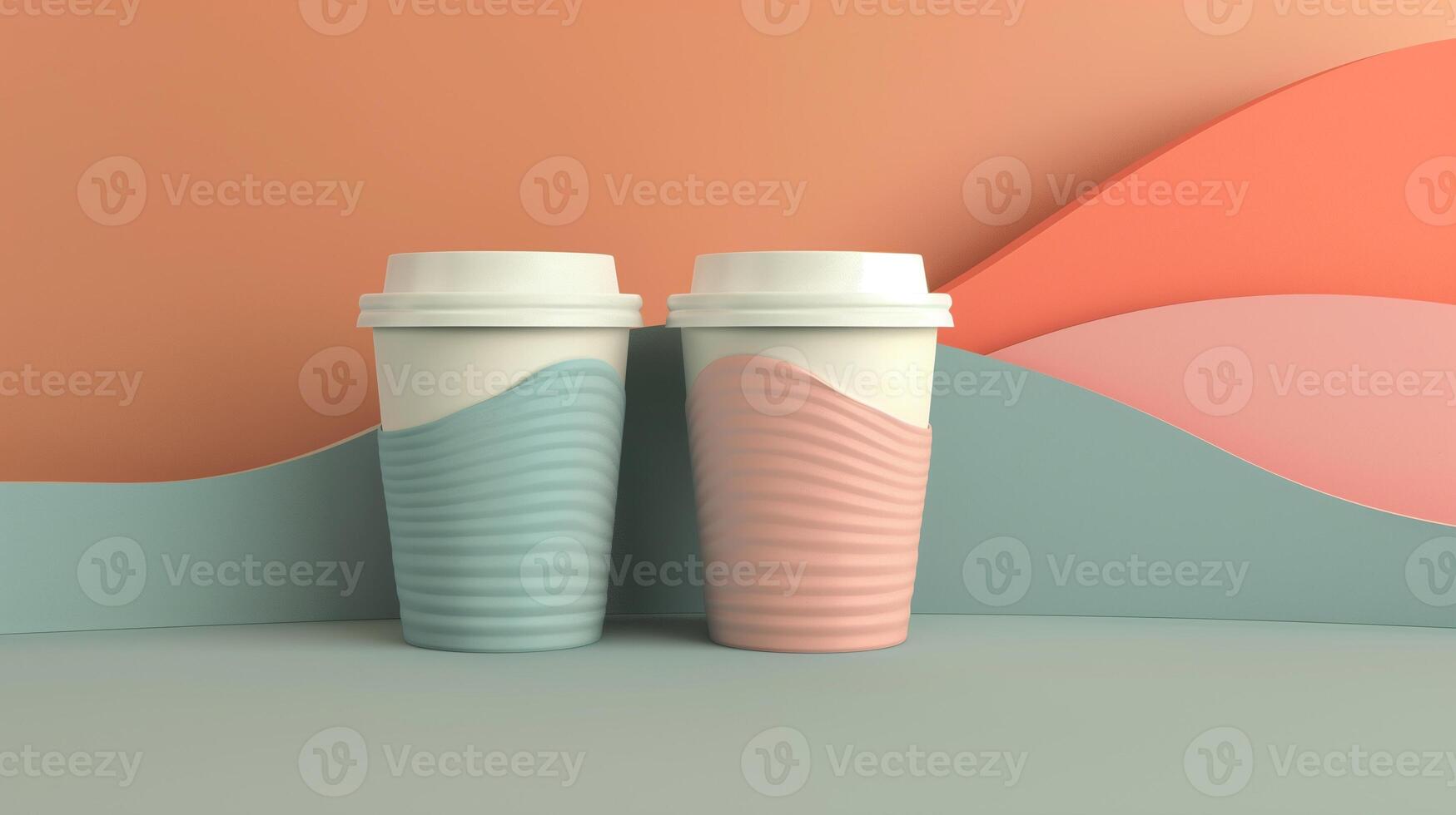 Two takeaway coffee cups mockup with textured wavy sleeves. Pastel blue and pink colors. Coffeecups template advertising image. Takeout disposable mock up product photorealistic photo