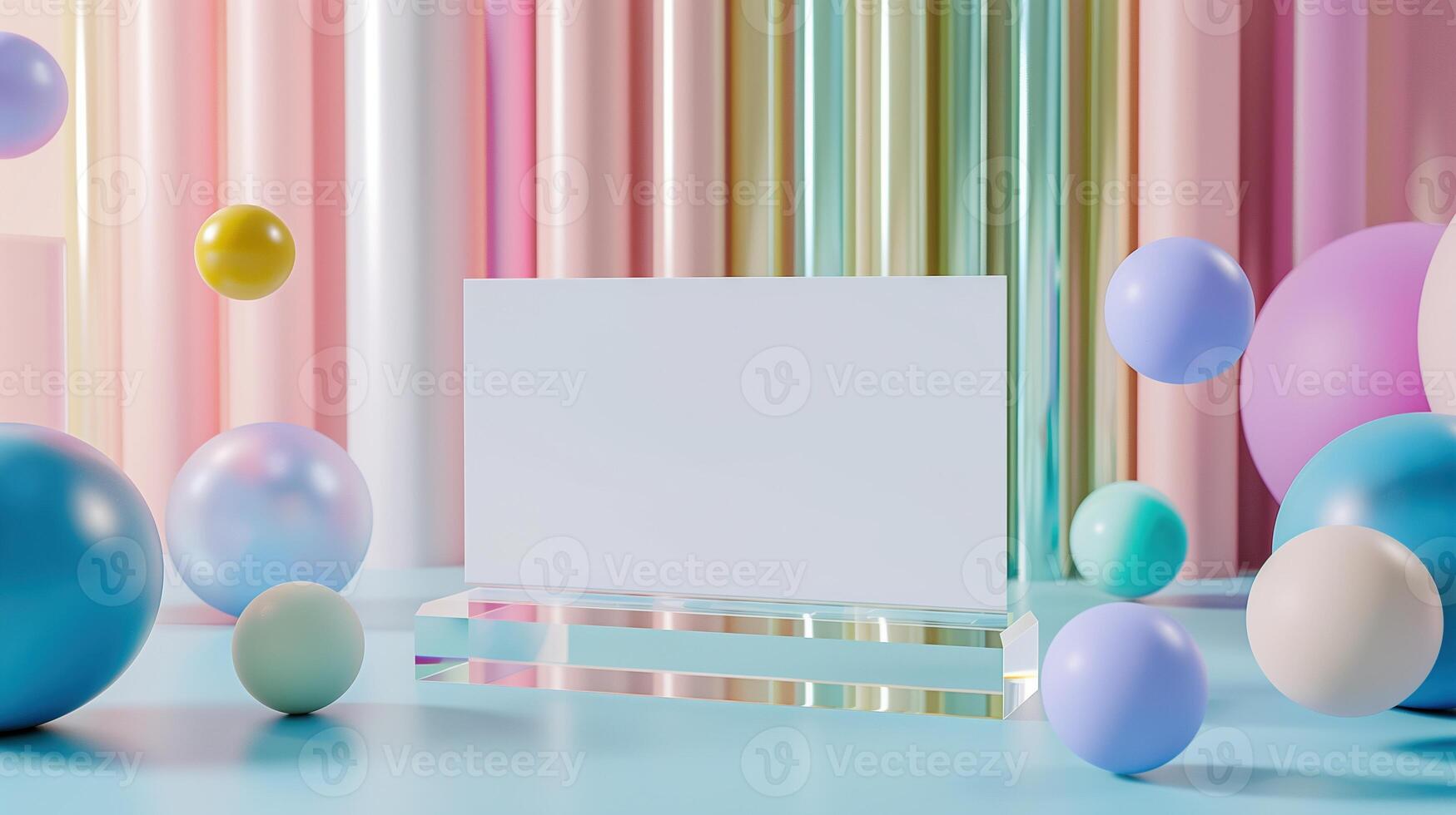 Blank white sign mockup showcased on clear acrylic stand with pastel spheres. Whimsical modern touch. Paper blank template advertising image. Businesscard mock up product photorealistic photo