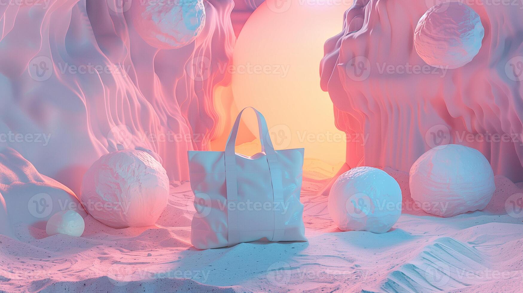 White tote bag mockup placed in pastel pink surreal dreamlike setting. Spherical shapes, soft textures. Recycled blank bag template advertising image. Totebag mock up photorealistic photo