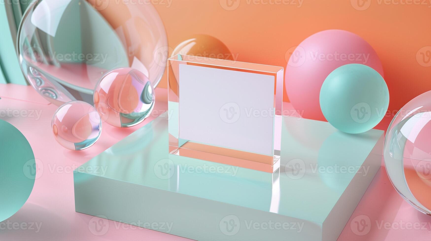 Blank acrylic sign mockup displayed on glossy pastel surface. Mint green and pink color spheres. Paper blank template advertising image. Businesscard mock up product photorealistic photo