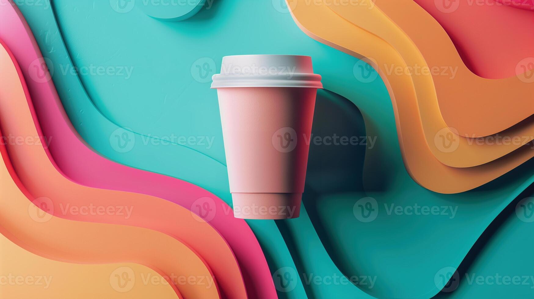 Pink takeaway coffee cup mockup against swirling teal orange backdrop. Dynamic abstract composition. Coffeecup template advertising image. Takeout disposable mock up photorealistic photo