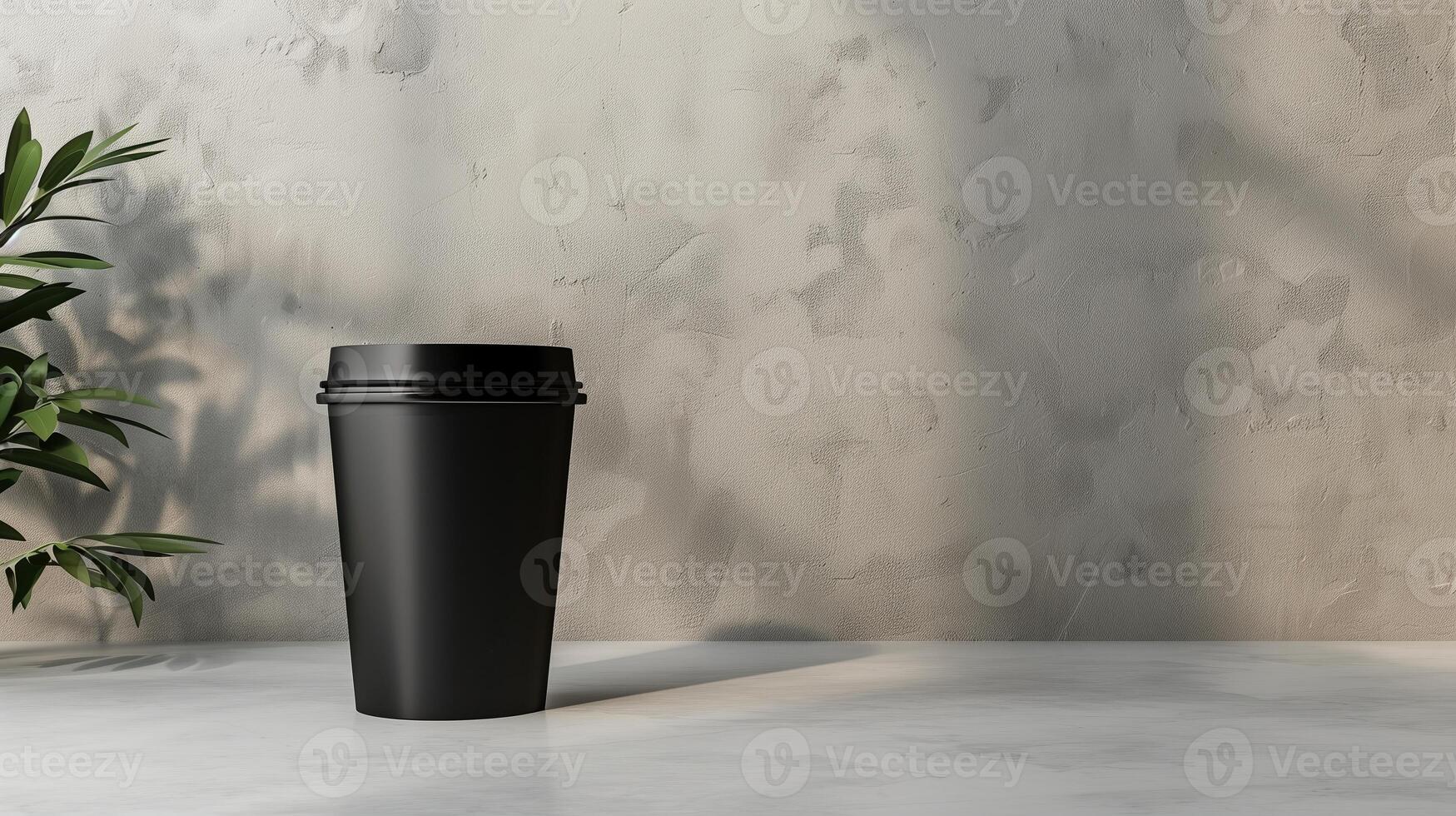 Black takeaway coffee cup mockup on marble surface beside green foliage. Tranquil minimalist. Coffeecup template advertising image. Takeout disposable mock up product photorealistic photo