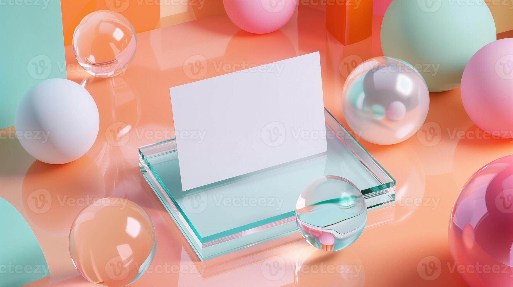 Blank white card mockup displayed on glass platform surrounded by colorful orbs. Vibrant pastel colors, glossy surfaces. Businesscard template advertising image. Stationery mock up photo