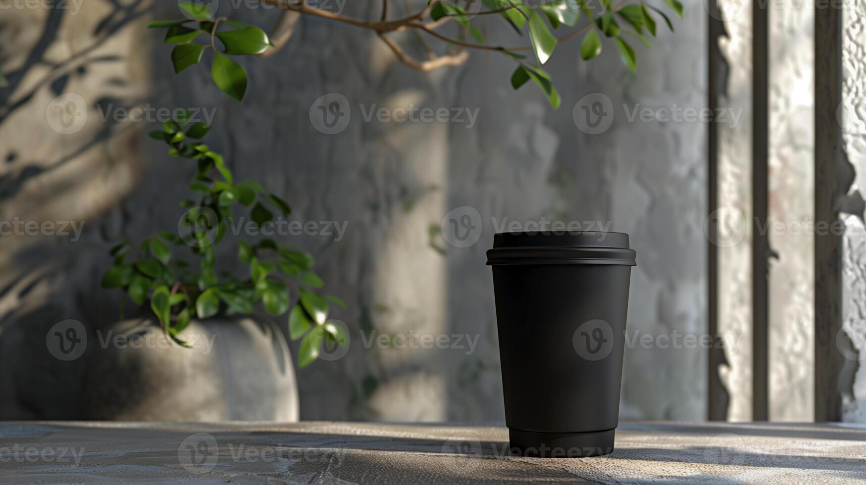 Black takeaway coffee cup mockup on table under dappled sunlight. Green plants, shadows on rough grey wall. Coffeecup template advertising image. Takeout disposable mock up product photo