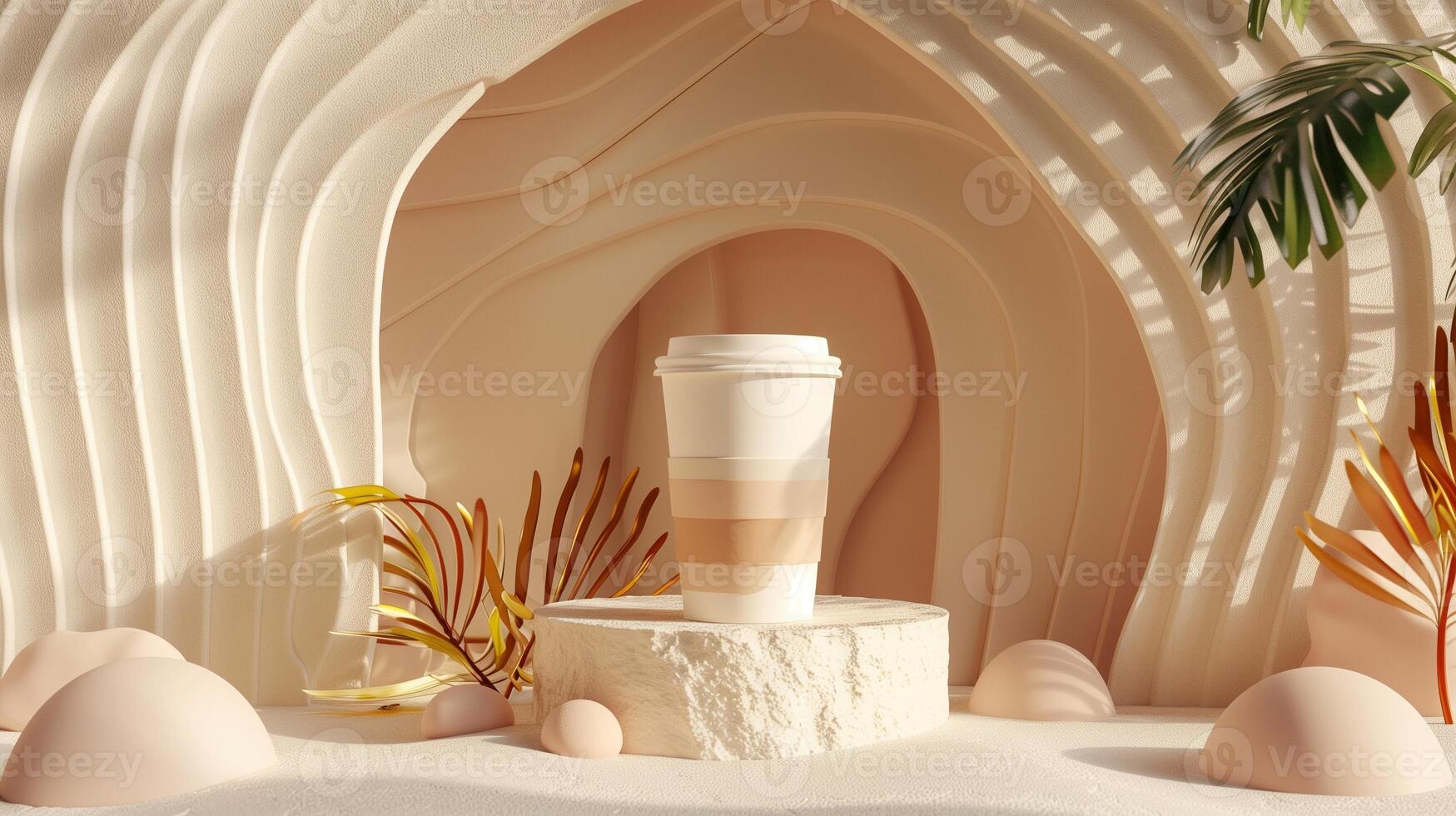 White takeaway coffee cup mockup with beige sleeve on textured pedestal. Minimalist arch, soft lighting. Coffeecup template advertising image. Takeout disposable mock up product photo
