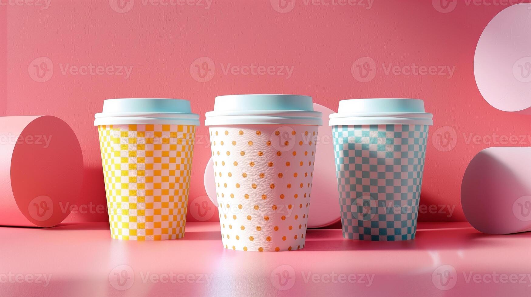 Three takeaway coffee cups mockup with checkered and polka dot patterns. Playful cheerful scene. Coffeecups template advertising image. Takeout disposable mock up product photorealistic photo