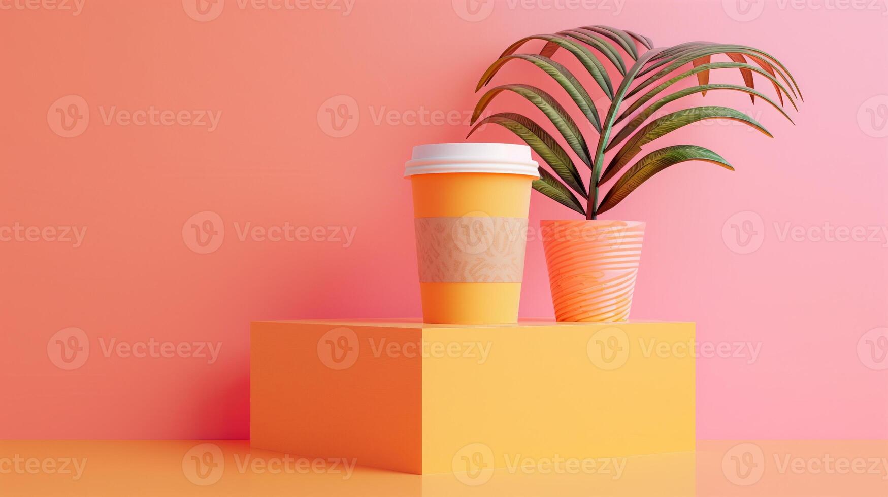 Bright orange takeaway coffee cup mockup near potted exotic plant. Modern composition on pedestal. Coffeecup template advertising image. Takeout disposable mock up product photorealistic photo