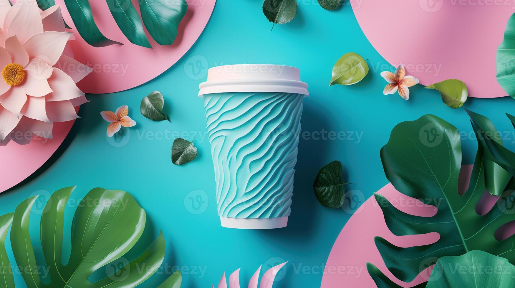 Turquoise takeaway coffee cup mockup with wavy texture in tropical setting. Exotic vibrant composition. Coffeecup template advertising image. Takeout disposable mock up photorealistic photo