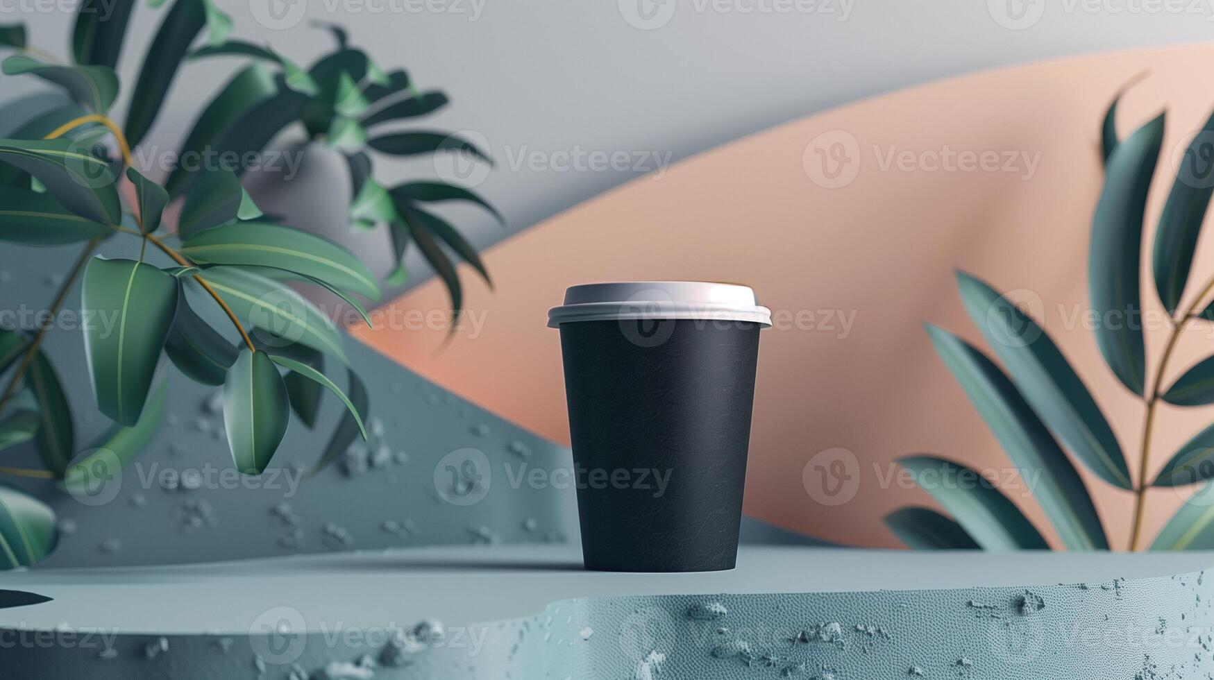 Black takeaway coffee cup mockup against pastel landscape with green leaves. Serene atmosphere. Coffeecup template advertising image. Takeout disposable mock up product photorealistic photo