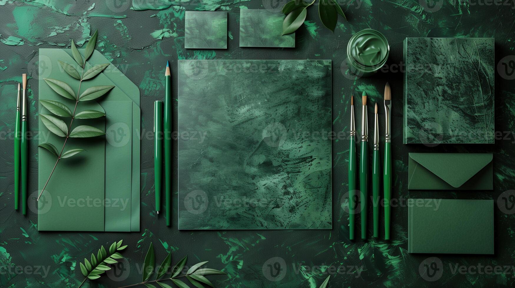 Flat lay of green-themed art and stationery supplies mockup. Textured surface. Paintbrushes, green envelopes template advertising image. Leafy branches, canvas mock up photorealistic photo