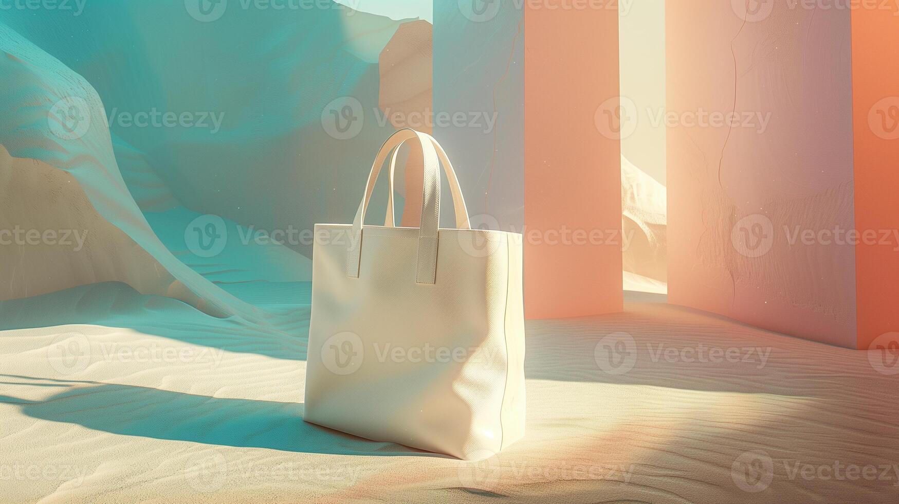 Sunlit illuminated tote bag mockup stands in surreal dreamlike environment. Pastel teal red. Recycled blank bag template advertising image. Totebag mock up product photorealistic photo