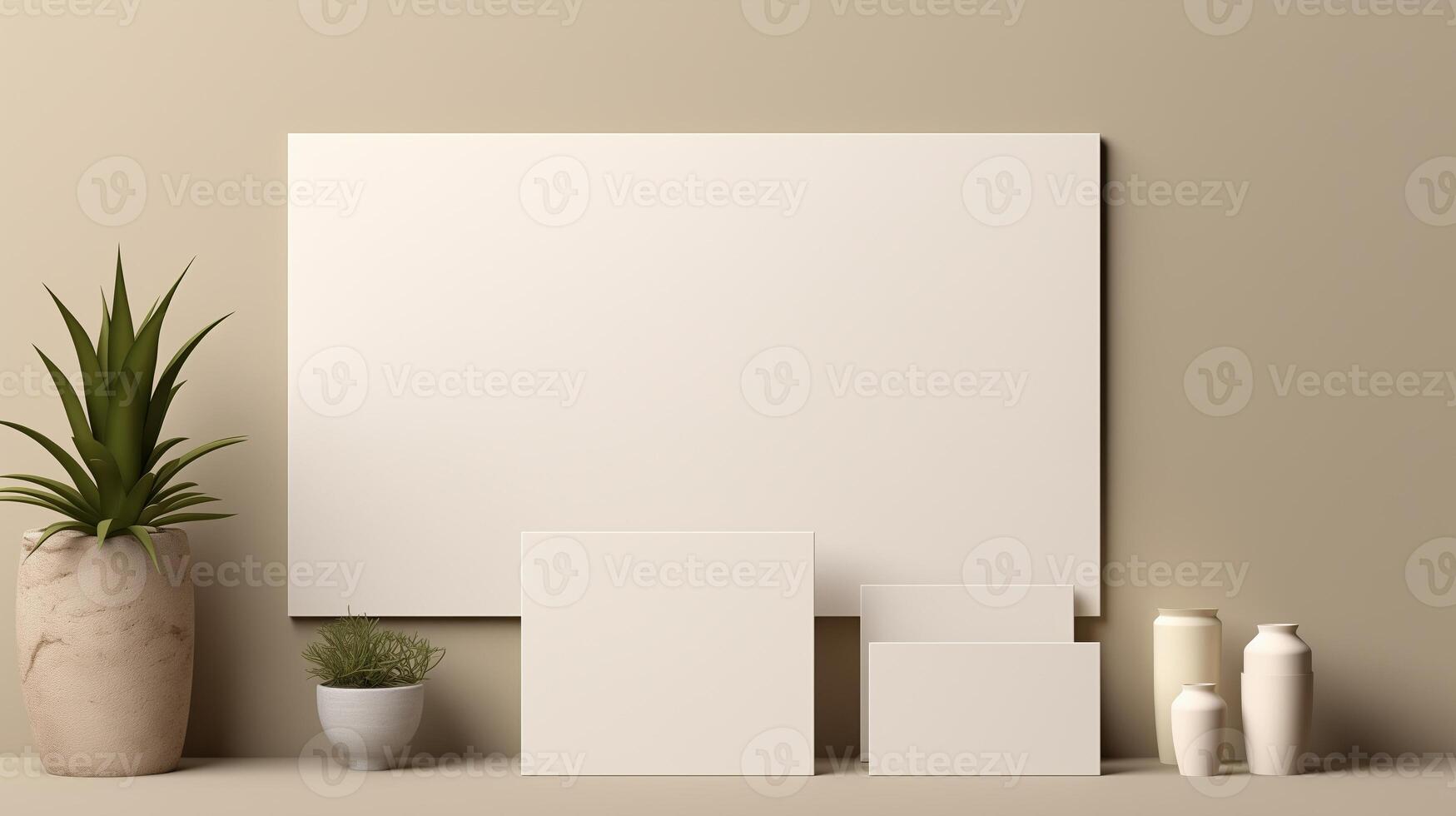 Blank canvases mockup of various sizes against beige wall. Potted plants and ceramic vases. Businesscard template advertising image. Minimalist stationery mock up product photorealistic photo