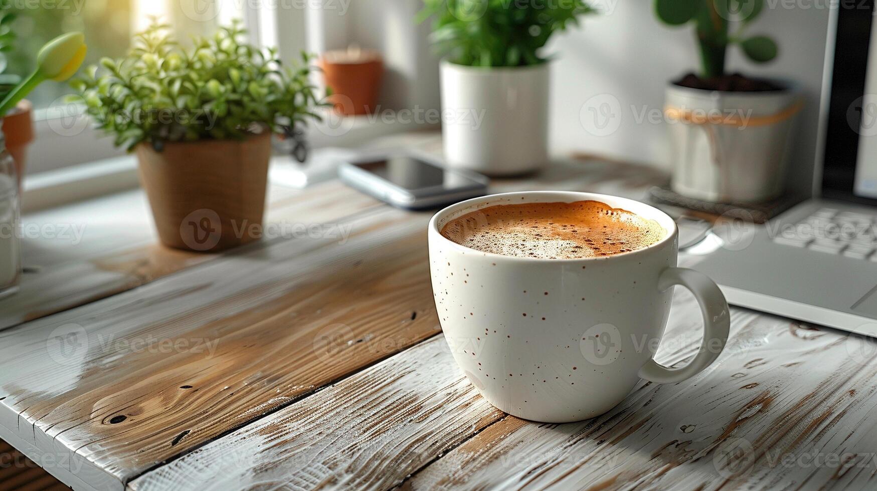 Cozy home office desk with frothy cappuccino in white mug closeup image. Potted plants, smartphone, laptop close up photography. Serene productive workspace concept photo realistic