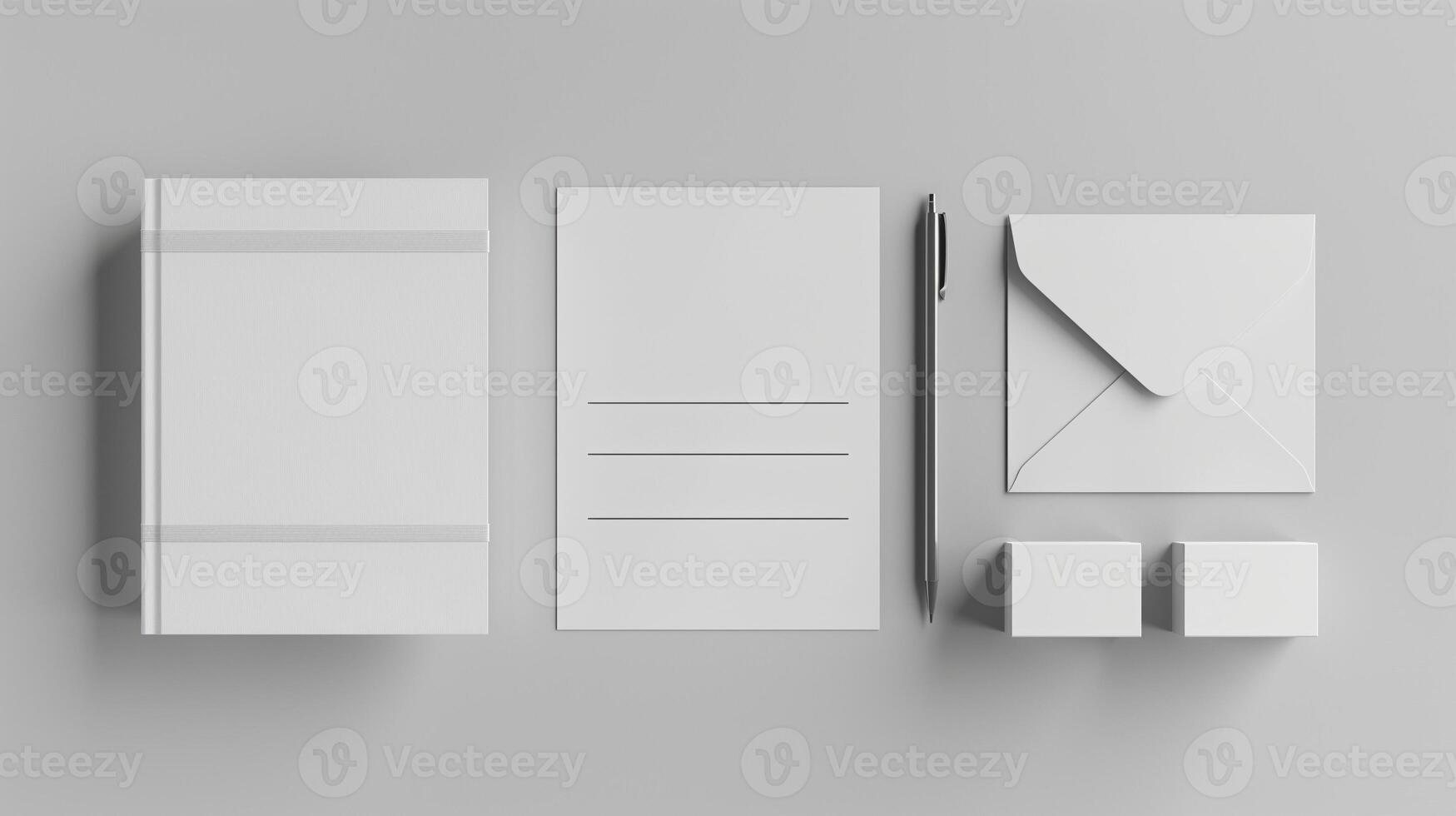 Flat lay of minimalistic white stationery items mockup. Notebook, blank sheet, pen, envelope templates advertising image. Monochromatic scheme mock up products photorealistic photo