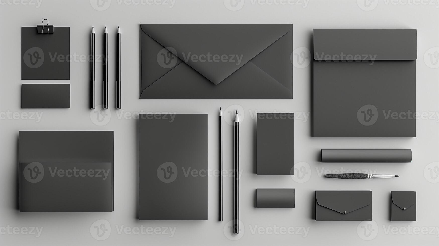 Flat lay of black corporate stationary mockup organized neatly on light gray. Envelopes, pencils, notepad pages template advertising image. Minimalist mock up products photorealistic photo