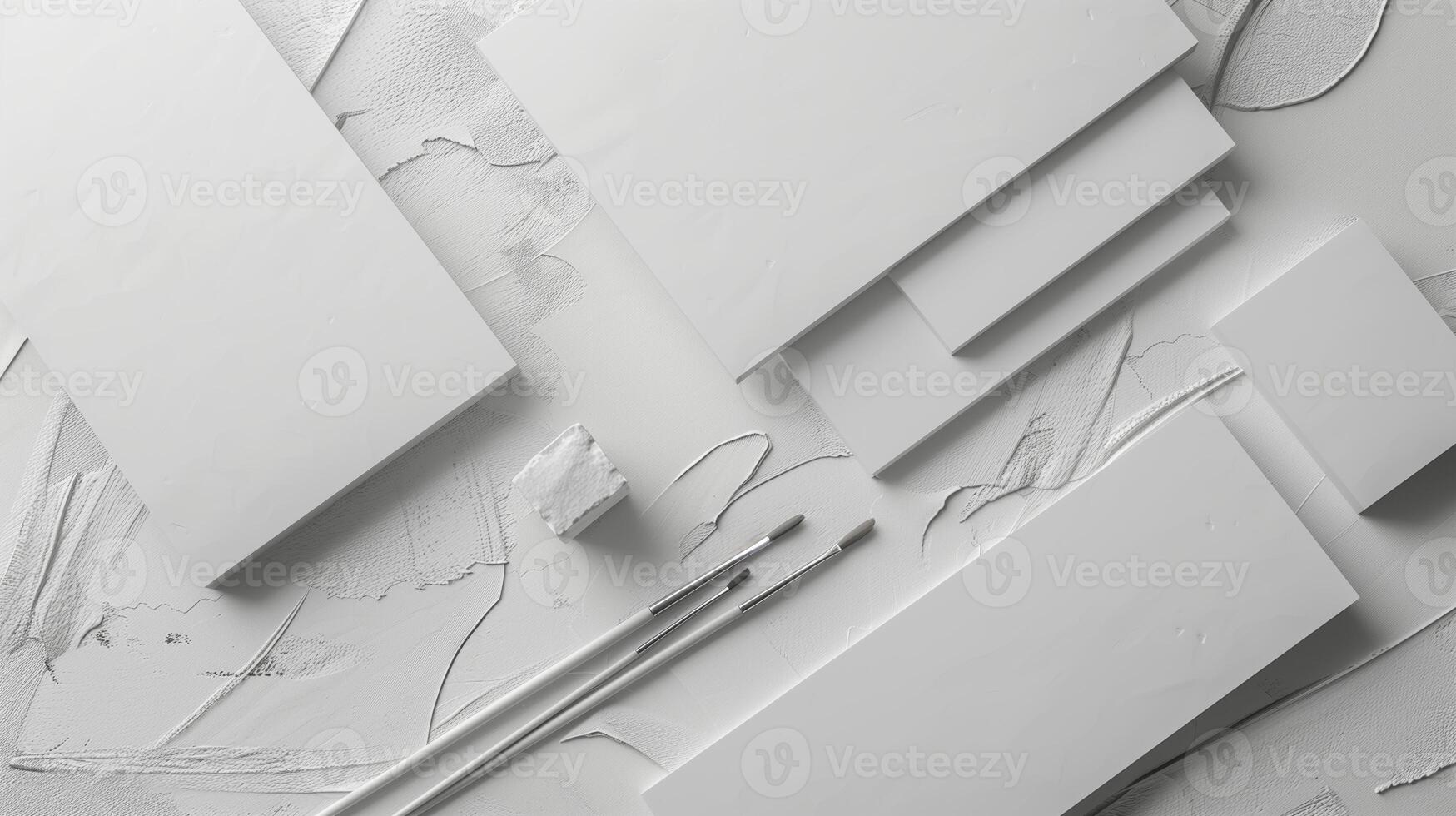 Flatlay of art brushes canvas mockup on textured white surface. Paintbrushes, white panels template advertising image. Monochromatic arrangement mock up product photorealistic photo