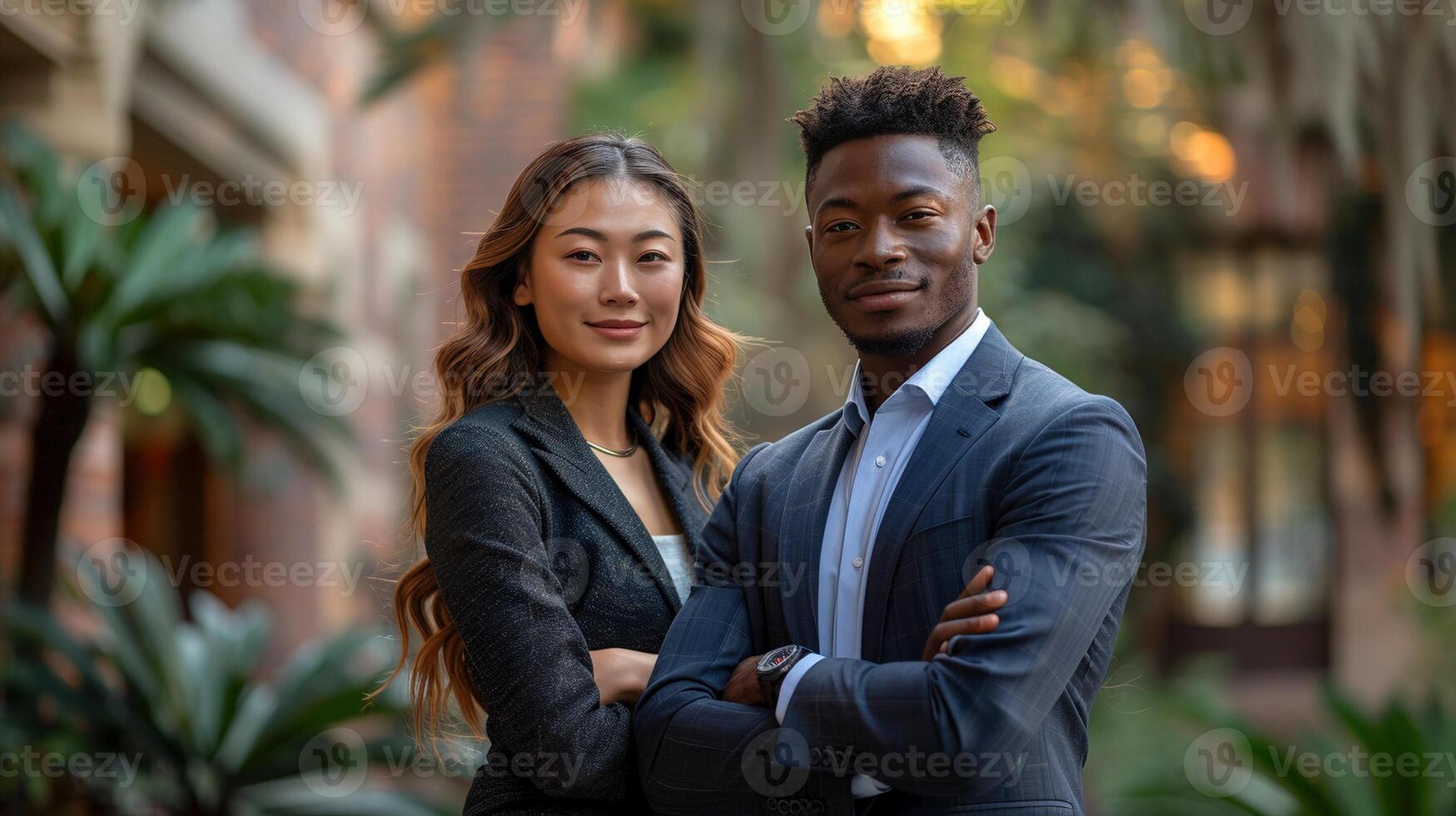 Confident diverse young man and woman stand outdoors portrait image. Asian and black colleagues dressed in business attire picture photorealistic. Professionalism concept photo realistic