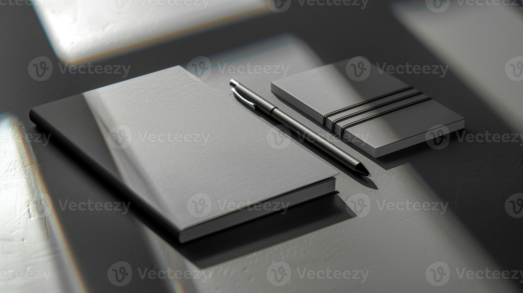 Gray office supplies mockup on dark surface with shadows. Monochromatic notebooks template advertising image. Minimalist and professional workspace mock up products photorealistic photo