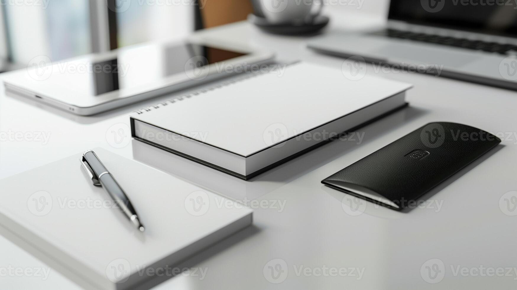 White stationery mockup with gadgets on monochrome desk. Tablet, laptop. Blank spiral notebook template advertising image. Fountain pen, empty notepad mock up product photorealistic photo