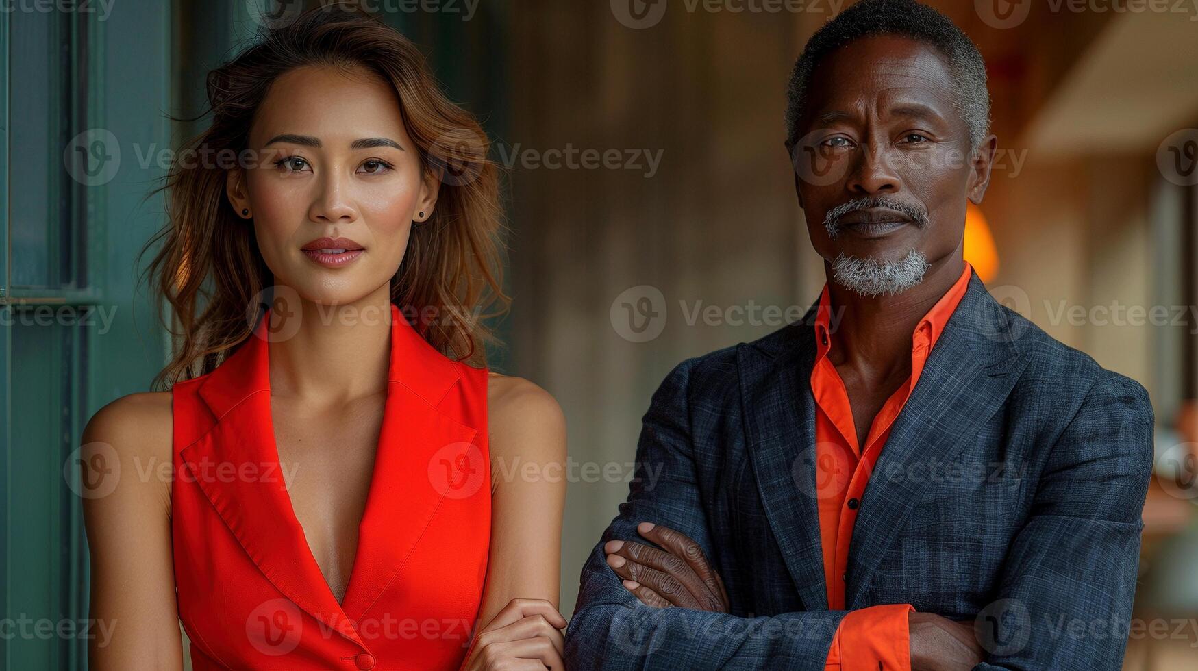 Confident asian woman and older black man stand side by side portrait image. Serious professional expressions picture photorealistic photography. Partnership concept photo realistic