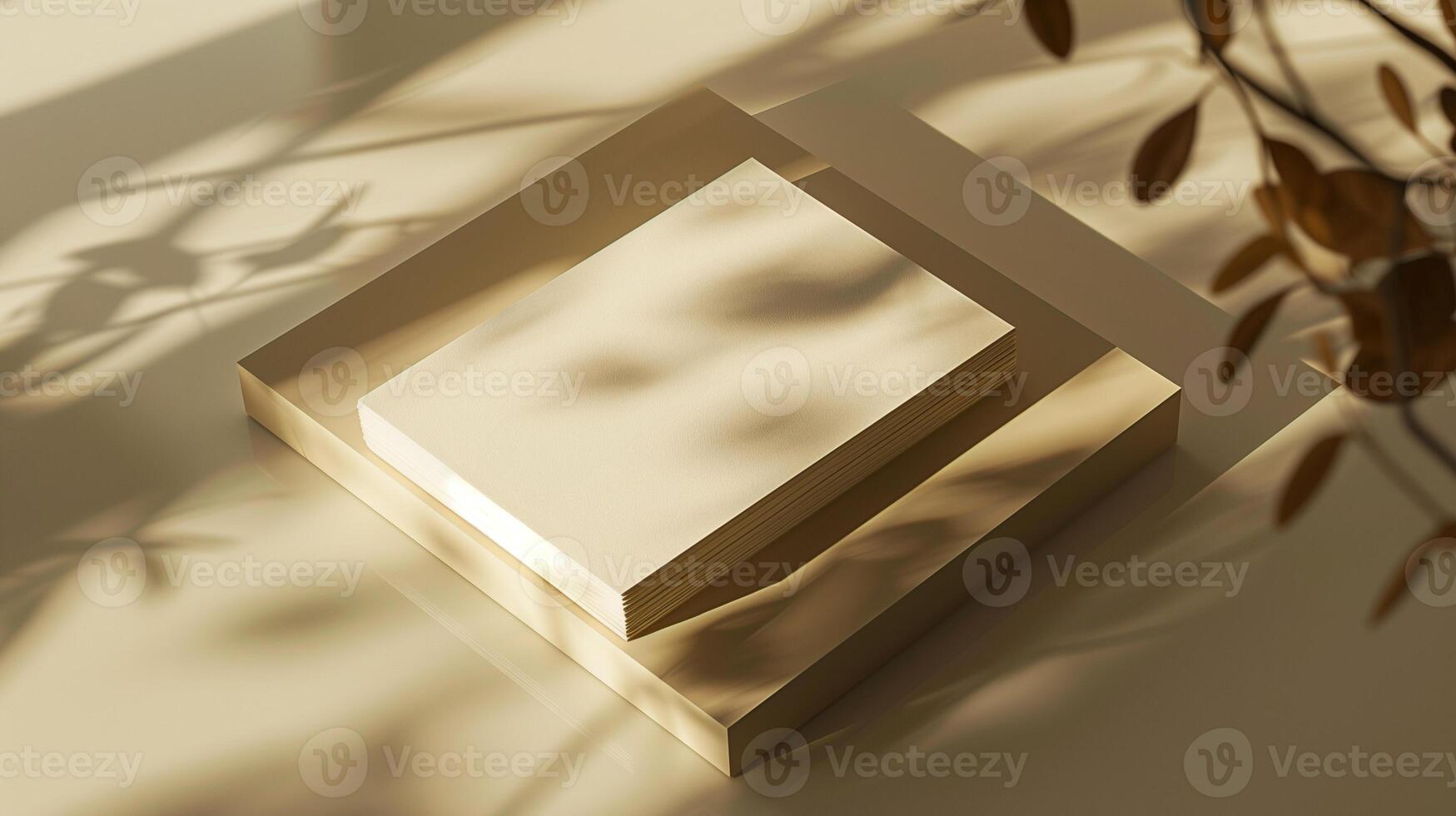 Stack of blank cards mockup on platform surrounded by soft natural shadows. Minimalist, warm lighting. Businesscard template advertising image. Stationery mock up product photorealistic photo