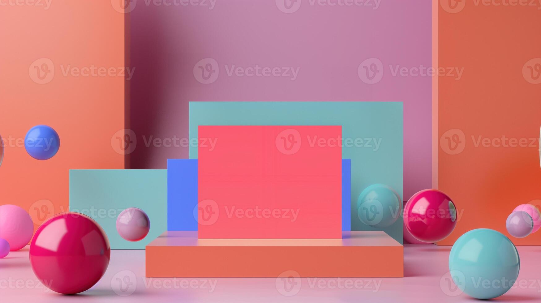 Vibrant colorful display mockup with geometric shapes and glossy spheres. Central rectangular block template advertising image. Modern artistic theme mock up product photorealistic photo