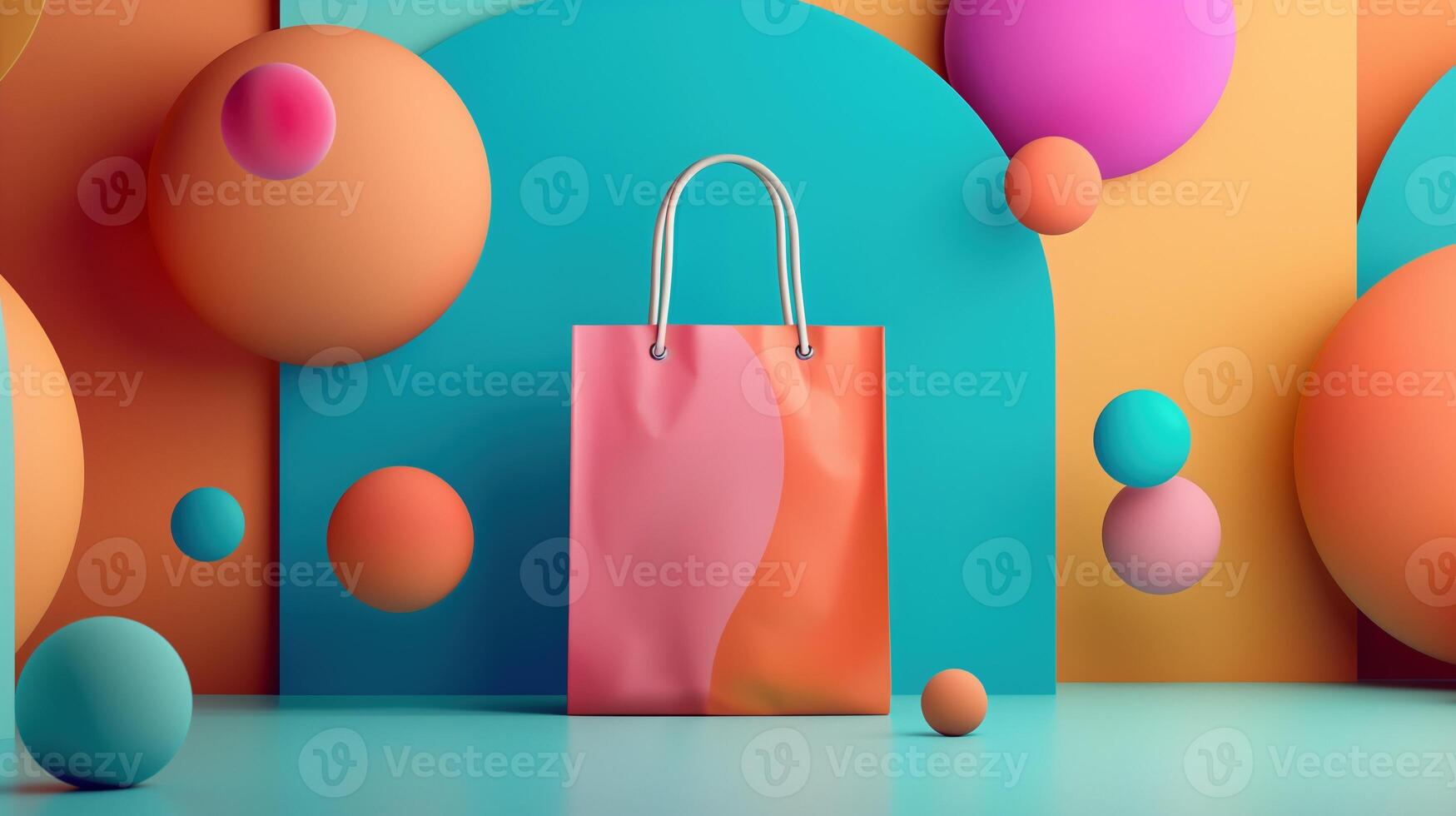 Glossy pink and orange shopping bag mockup on playful backdrop. Colorful spheres, geometric shapes. Eco friendly product package template advertising image. Giftbag branding mock up photo