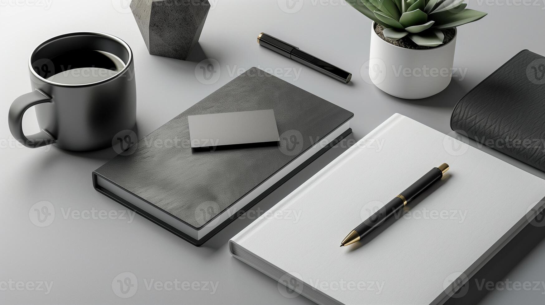 Black and white office supplies mockup on gray surface. Coffee mug, blank notebooks template advertising image. Stylish desk. Potted plant, business card mock up product photorealistic photo