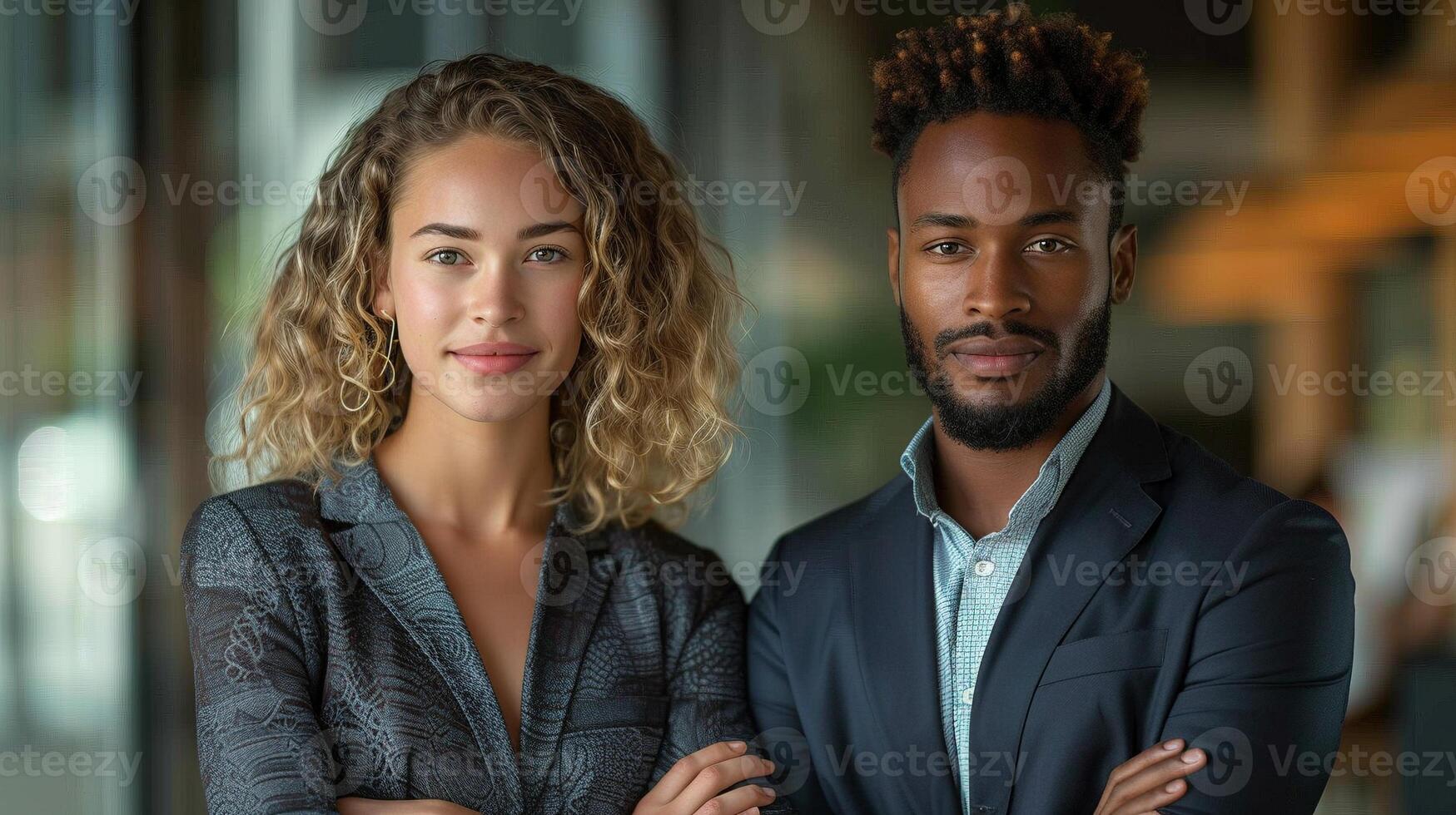 Young curly-haired woman and bearded man in business attire portrait image. Diverse professionals picture photorealistic photography. Business partnership concept photo realistic