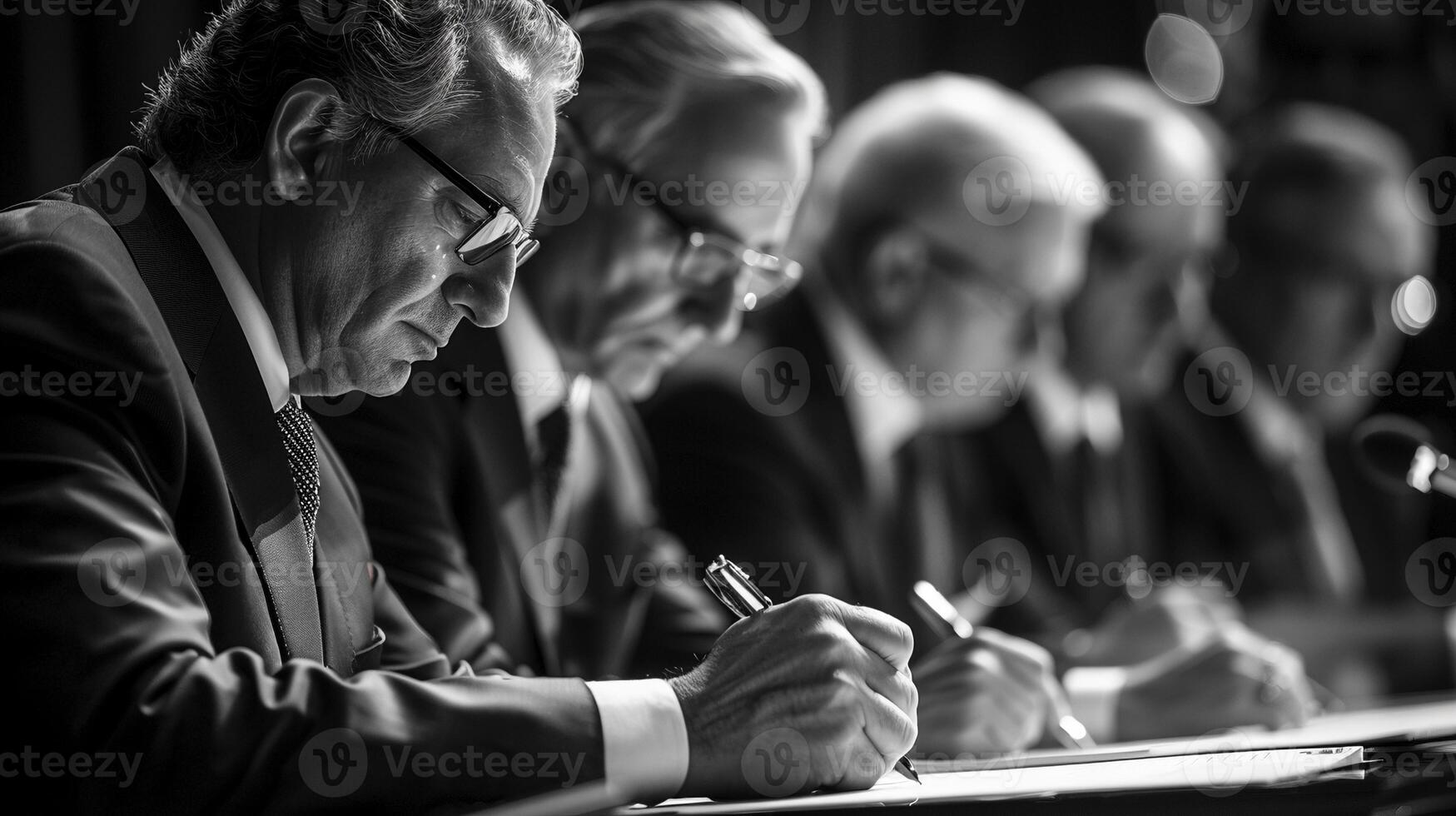 Serious group of business professionals writing monochrome image. Formal meeting black and white picture close-up photorealistic. Businesspeople decision-making concept photo