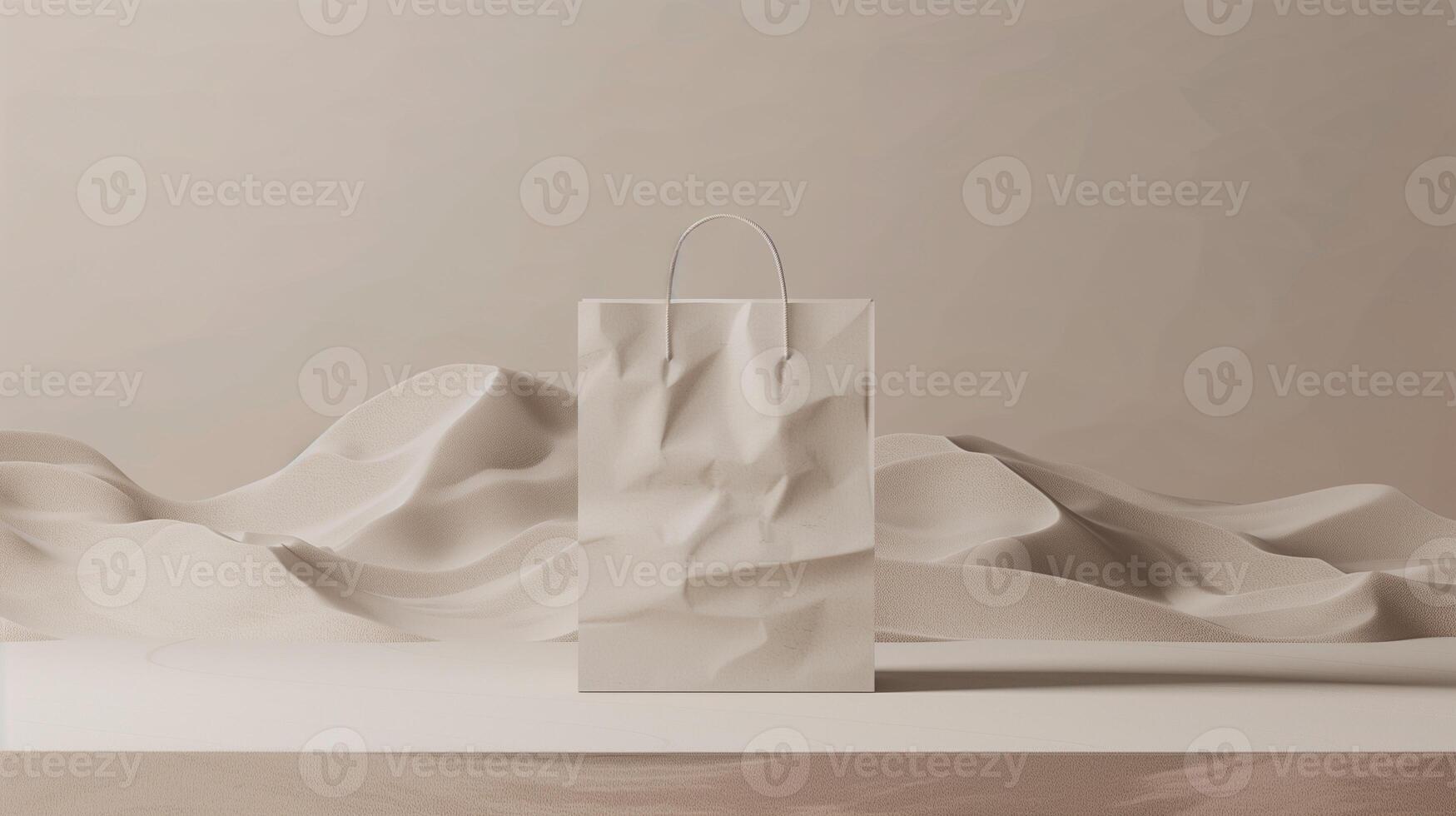Beige crumpled shopping bag mockup against flowing sand dunes. Eco friendly product package template advertising image. Elegant display. Giftbag branding mock up photorealistic photo