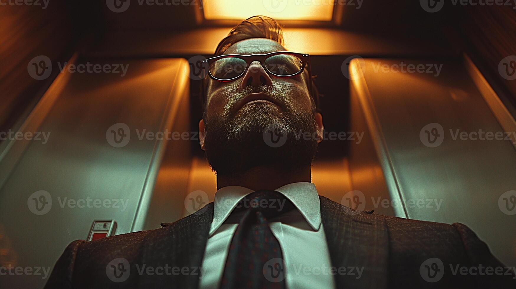 Confident glasses bearded man stands in elevator, viewed from low angle image. Serious expression, formal attire photography scene. Business executive concept photorealistic photo