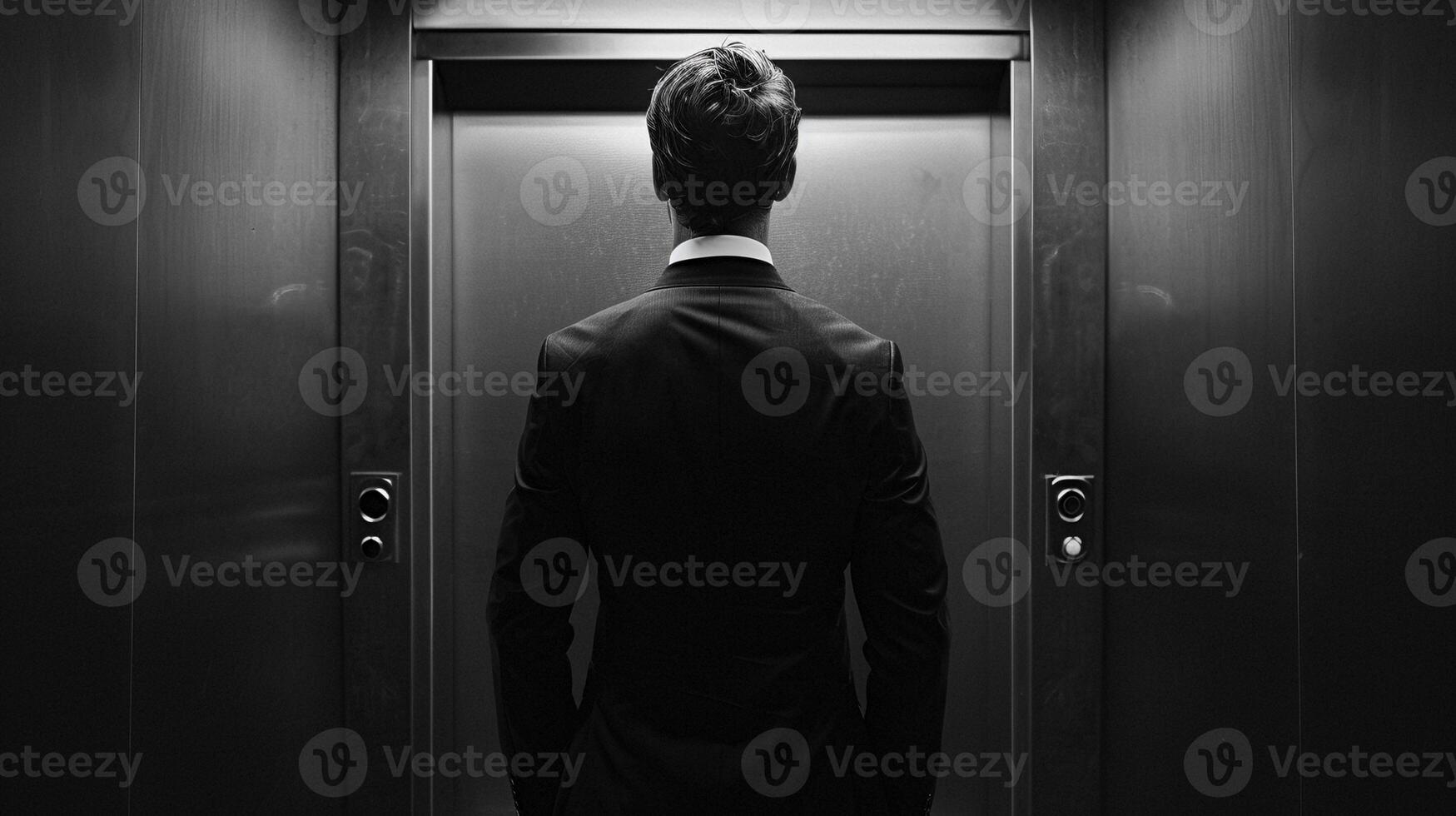 Back view businessman stands in front of elevator monochrome image. Business man in suit black and white photography close-up photorealistic. Professional solitude concept photo