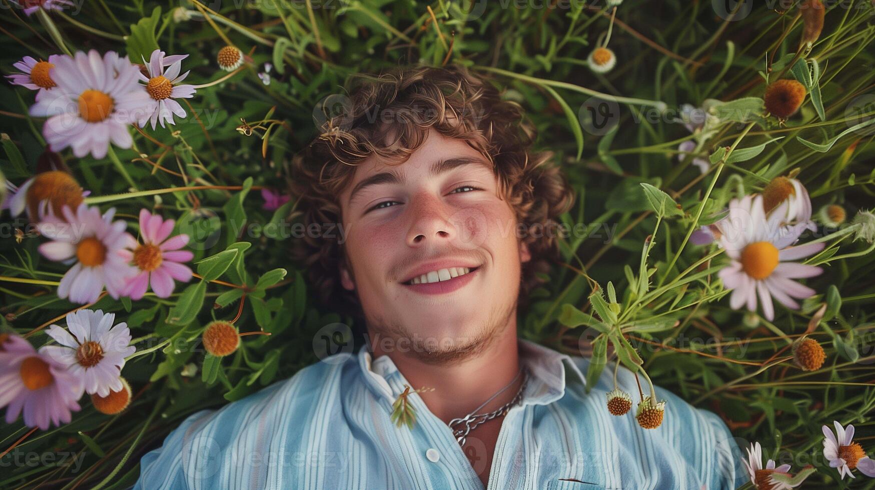 Smiling european man resting on chamomile field image. Handsome caucasian male lying in meadow photography scene wallpaper. Spring season beauty concept photorealistic photo