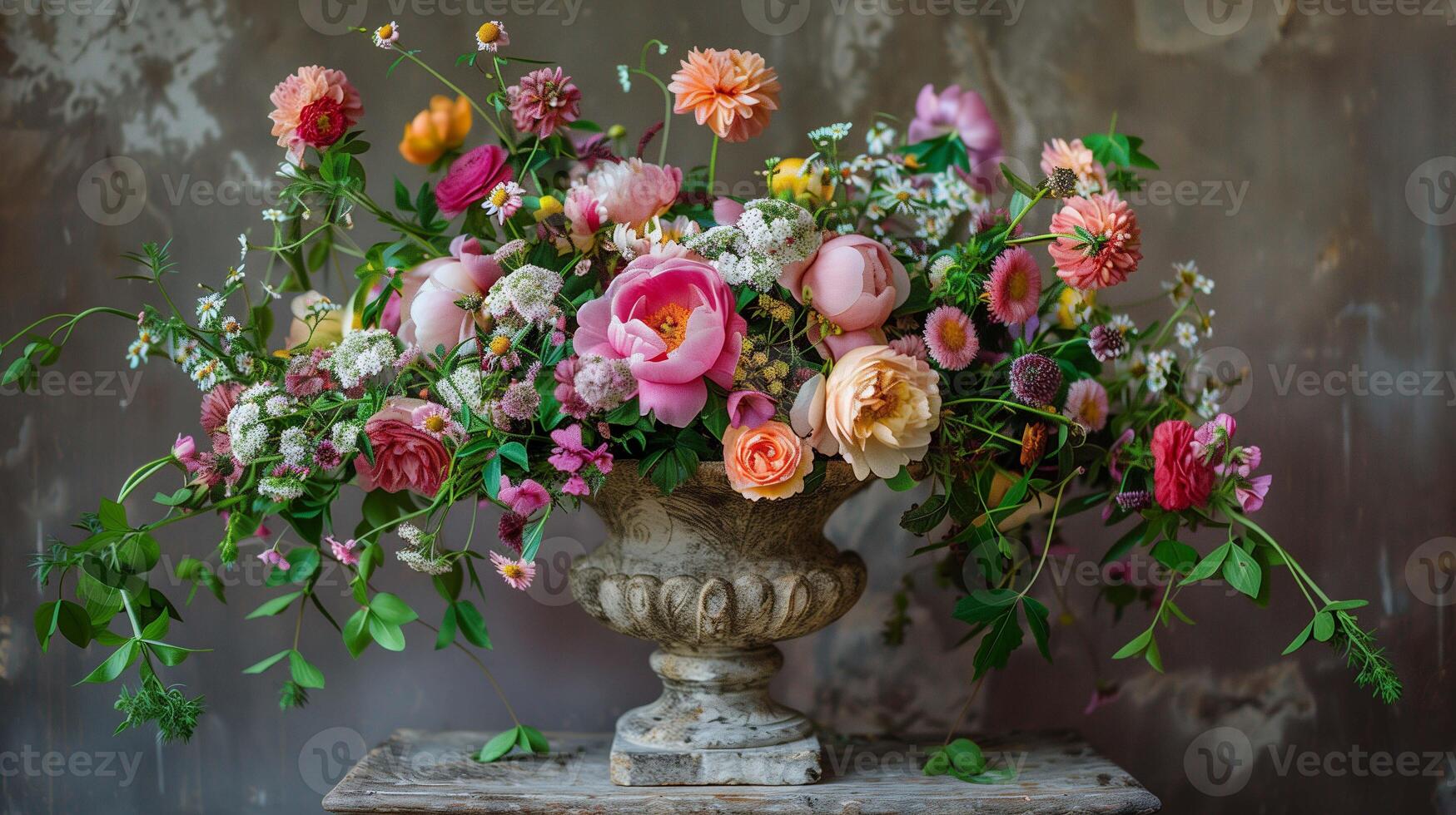 Beautiful fresh flowers bouquet on stone pedestal photo. Garden blooming plants in vintage vase image background wallpaper. Retro style floral decor concept picture realistic photo