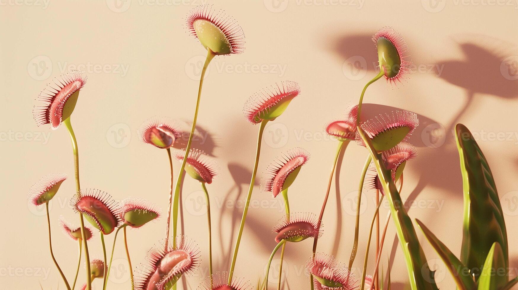 Exotic venus fly trap casting shadows on wall photo. Insectivorous plant from tropical wetlands image background wallpaper. Dionaea muscipula houseplant concept picture realistic photo