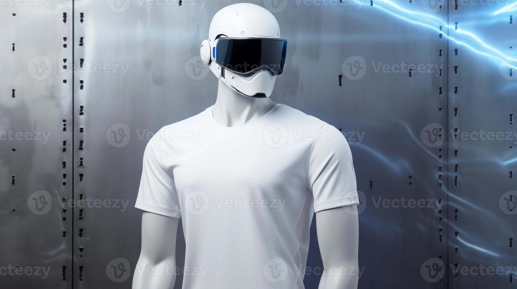 Futuristic mannequin wears plain white tshirt template. Sci-fi. T-shirt mockup advertising image. Clothing design short-sleeved. Apparel casual clothes mock up product photorealistic photo