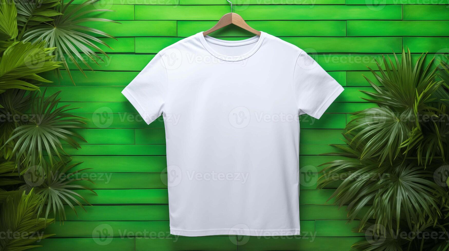 Plain cotton tee template on hanger against vibrant green slatted fence. Tshirt mockup advertising image. Clothing design short-sleeved. Apparel casual mock up product photorealistic photo